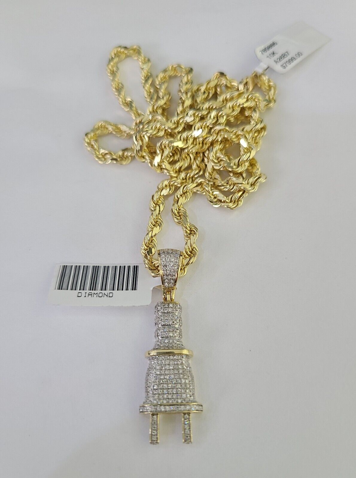 10k Solid Rope Chain Plug Socket Charm Diamond Set 4mm 20" - 28" Necklace Gold - GoldenlinQ