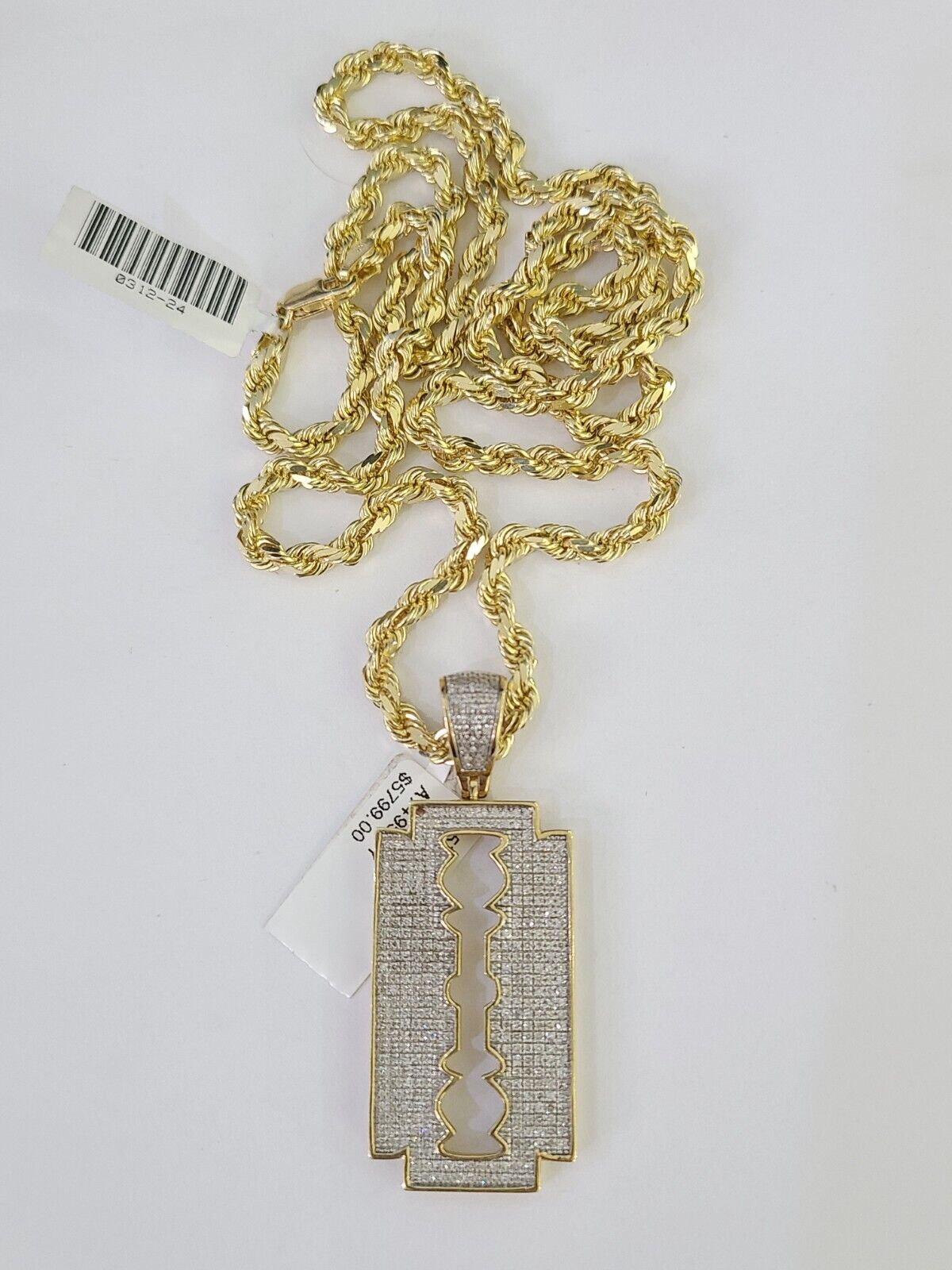 10k Solid Rope Chain Razor Blade Charm Diamond Set 4mm 20" - 28" Necklace Gold - GoldenlinQ