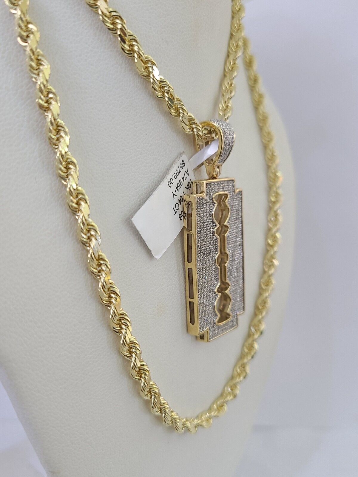 10k Solid Rope Chain Razor Blade Charm Diamond Set 4mm 20" - 28" Necklace Gold - GoldenlinQ
