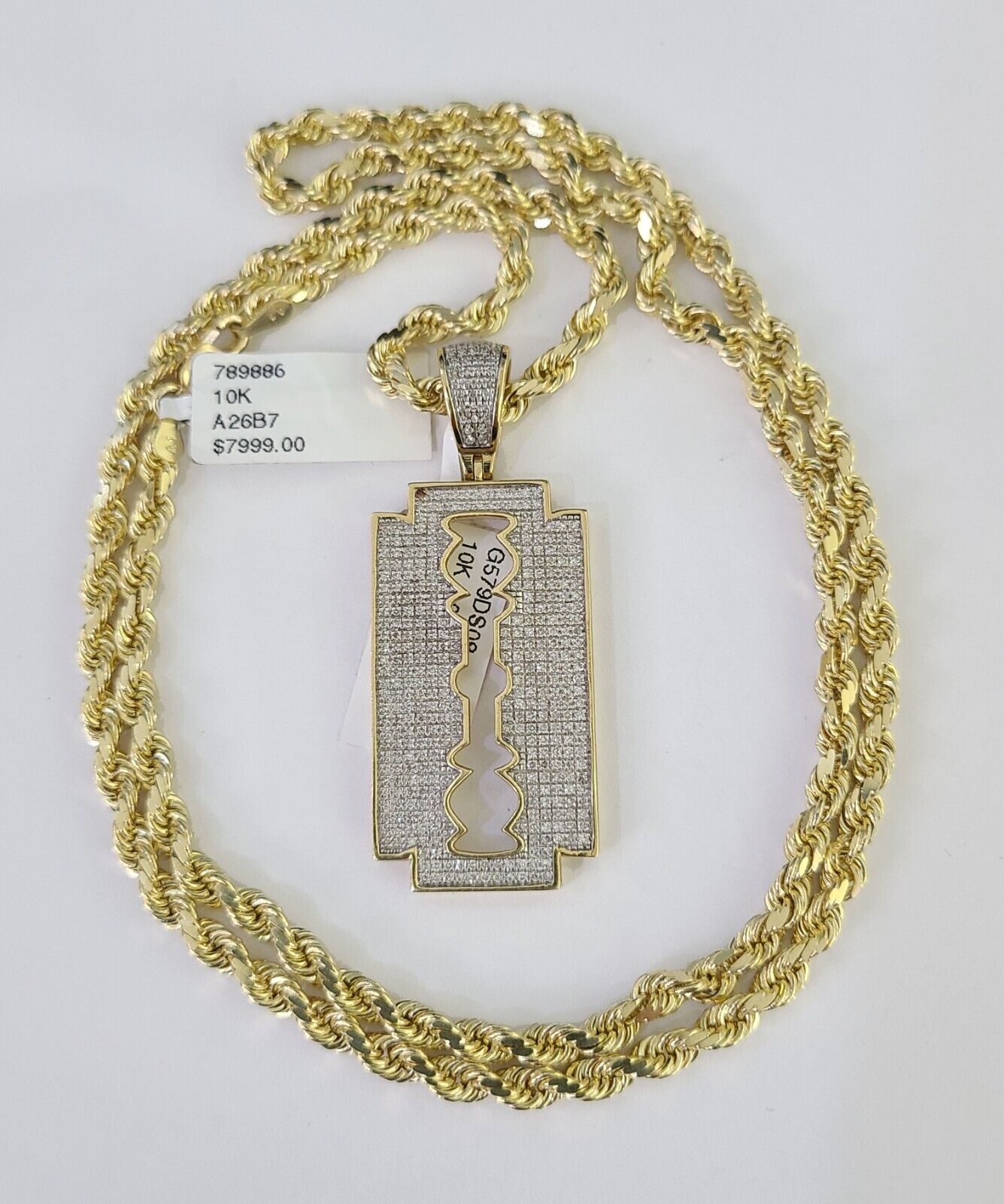 10k Solid Rope Chain Razor Blade Charm Diamond Set 4mm 20" - 28" Necklace Gold - GoldenlinQ