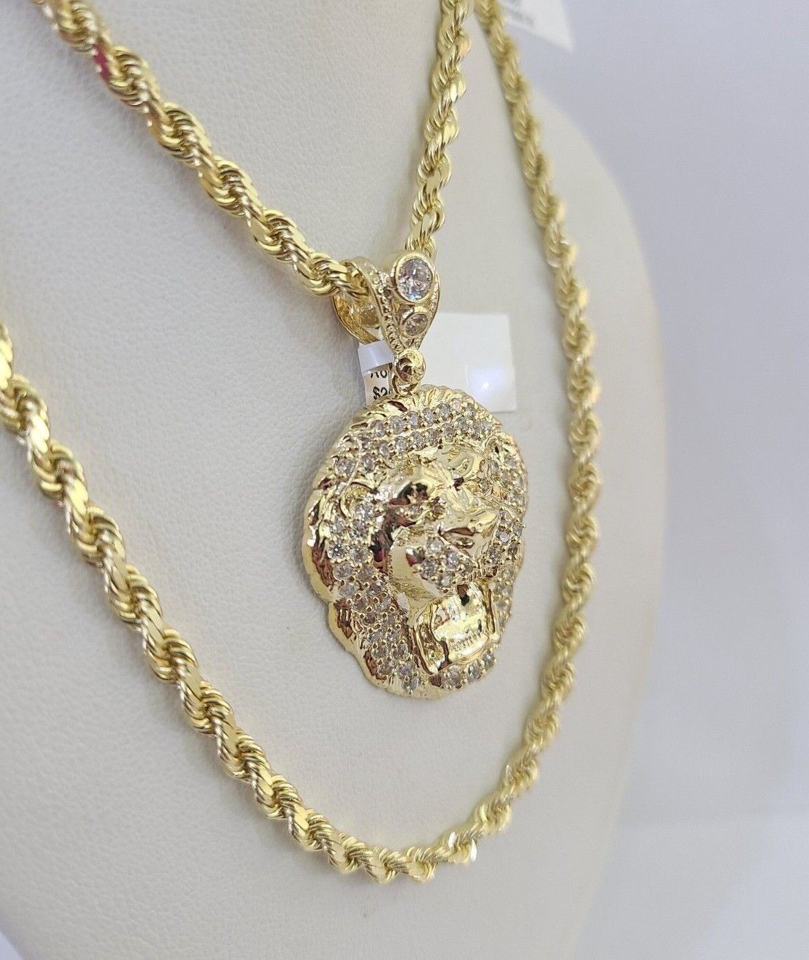 10k Solid Rope Chain Roaring Lion Charm Set 4mm 20" - 28" Necklace Gold Yellow - GoldenlinQ