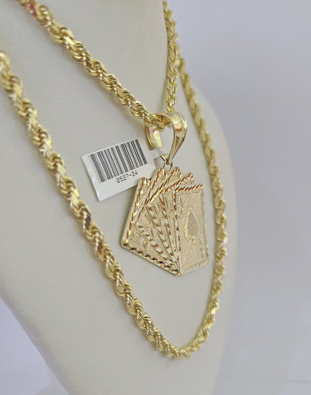 10k Solid Rope Chain Royal Flush Cards Charm Set 4mm 20" - 28" Necklace Gold - GoldenlinQ
