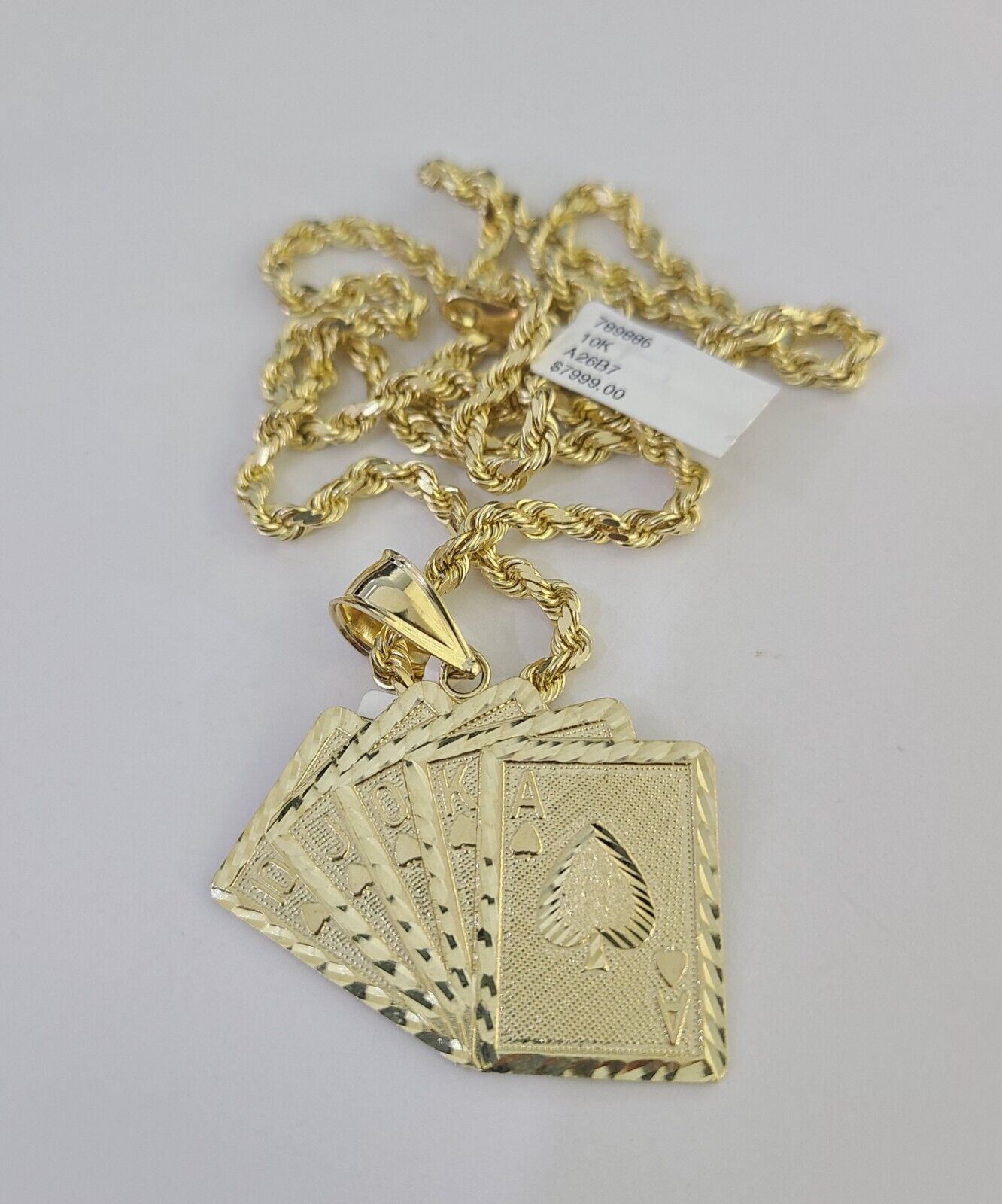 10k Solid Rope Chain Royal Flush Cards Charm Set 4mm 20" - 28" Necklace Gold - GoldenlinQ