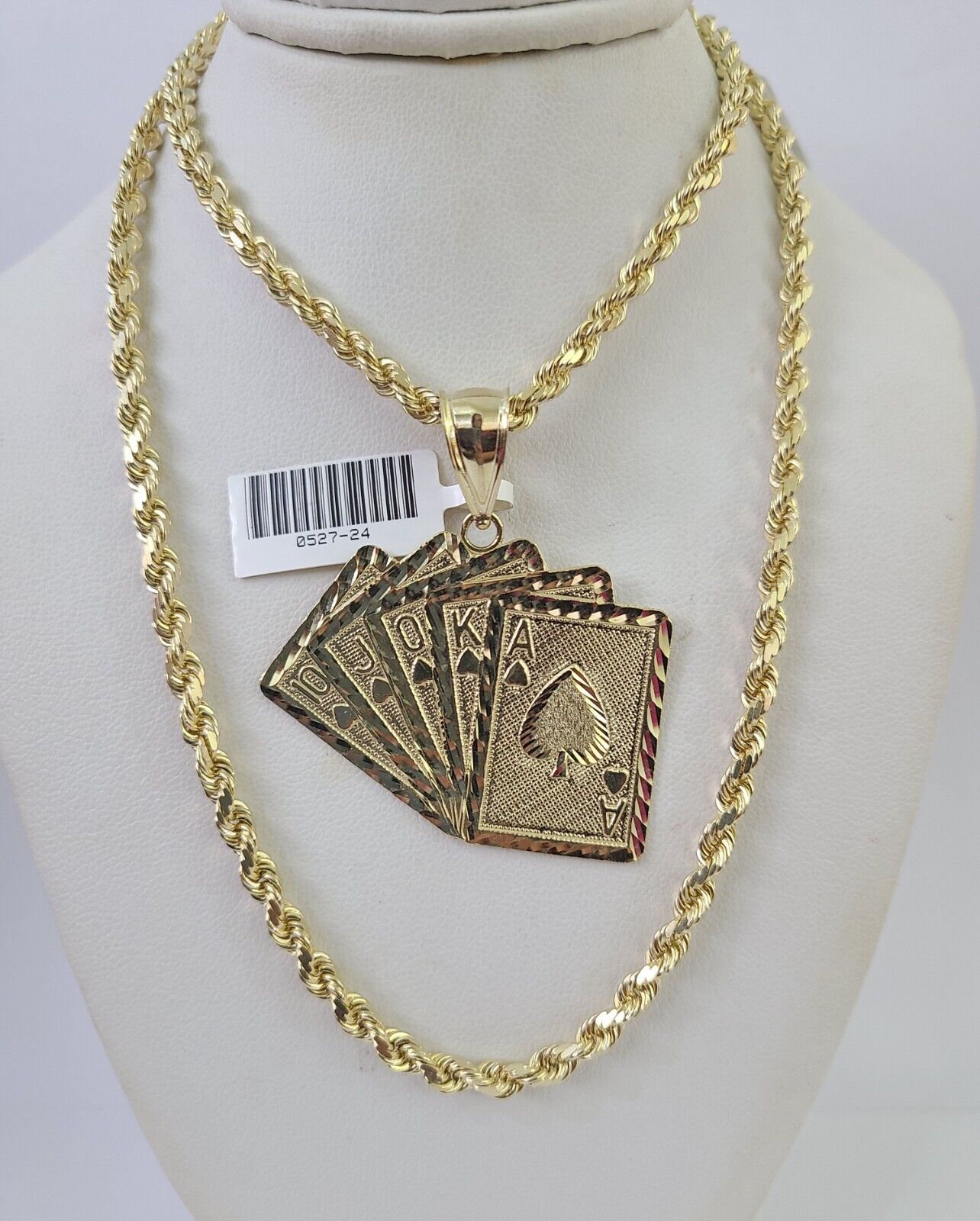 10k Solid Rope Chain Royal Flush Cards Charm Set 4mm 20" - 28" Necklace Gold - GoldenlinQ
