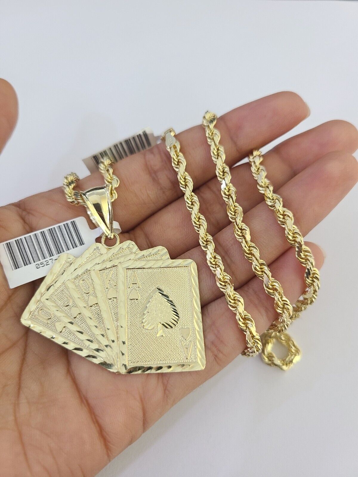 10k Solid Rope Chain Royal Flush Cards Charm Set 4mm 20" - 28" Necklace Gold - GoldenlinQ