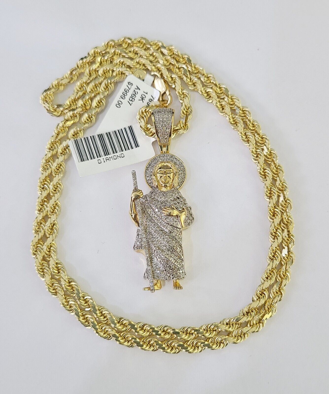 10k Solid Rope Chain Saint Jude Charm Diamond Set 4mm 20" - 28" Necklace Gold - GoldenlinQ