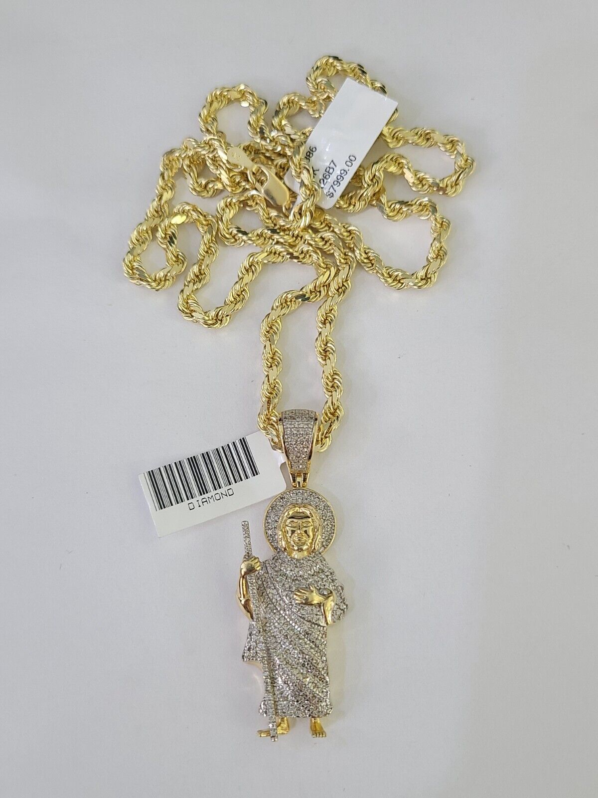 10k Solid Rope Chain Saint Jude Charm Diamond Set 4mm 20" - 28" Necklace Gold - GoldenlinQ