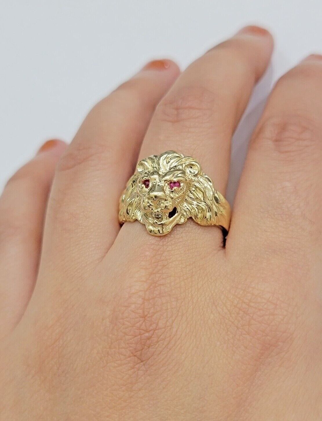 10k Solid Yellow Gold Men's Lion Roaring Ring Casual Style 10kt Red Eye New SALE - GoldenLinQ