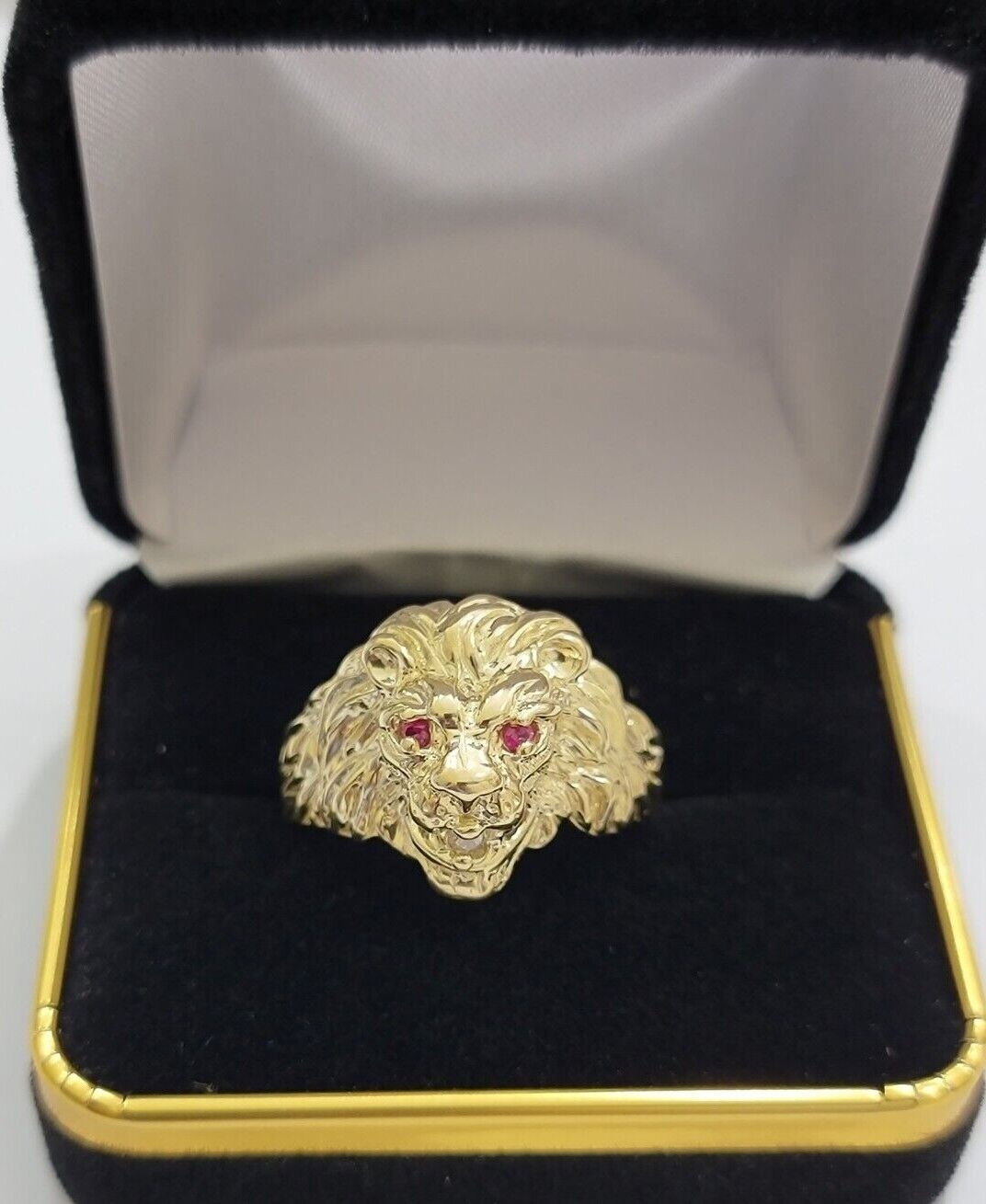 10k Solid Yellow Gold Men's Lion Roaring Ring Casual Style 10kt Red Eye New SALE - GoldenLinQ