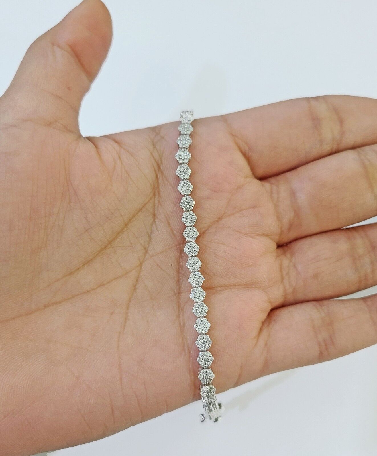 10k White Gold Diamond Flower Bracelet Real Box Clasp Women Genuine - GoldenlinQ