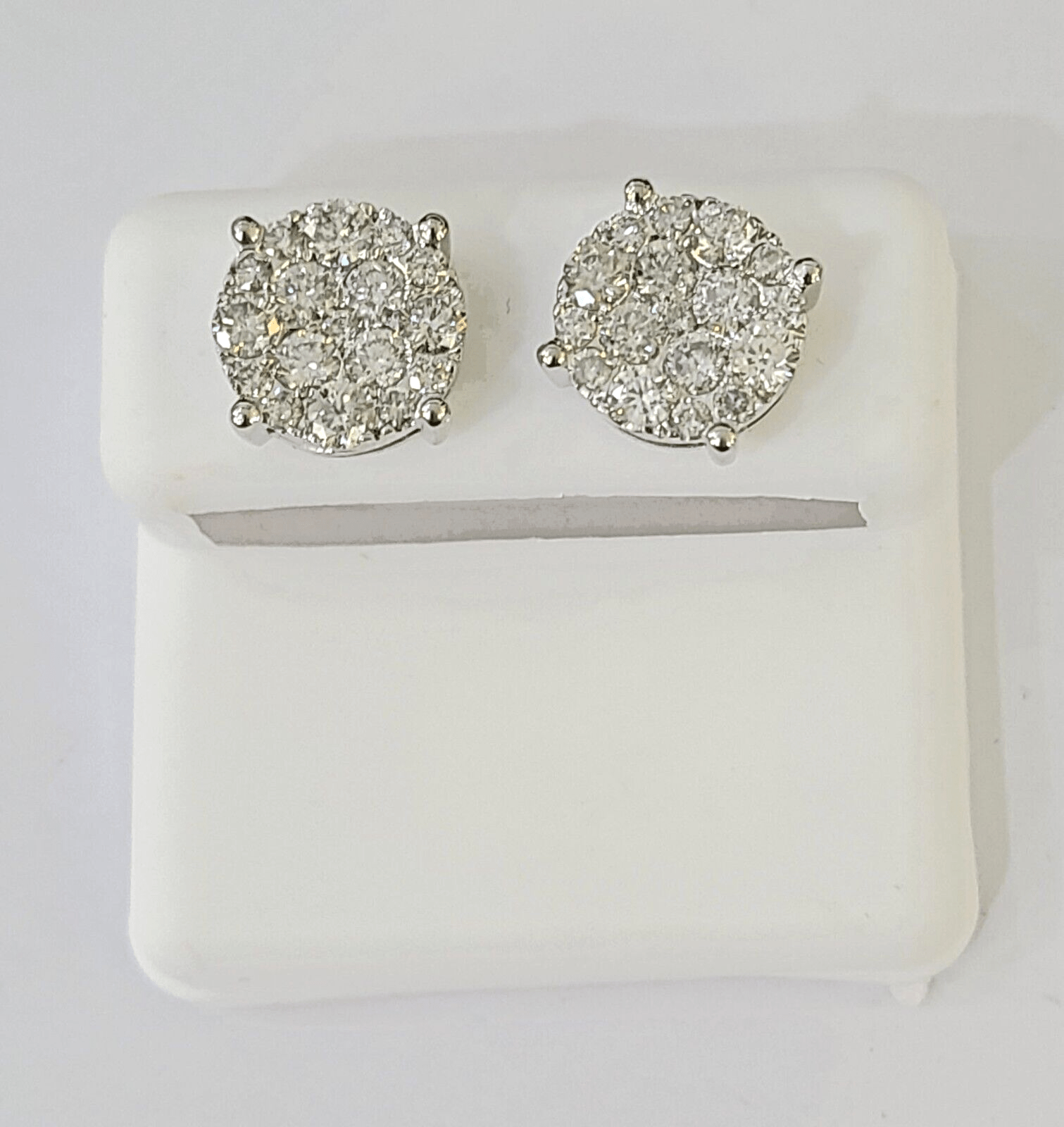 10k White gold Flower Earrings Real Diamond screw - back Women Men Studs - GoldenlinQ