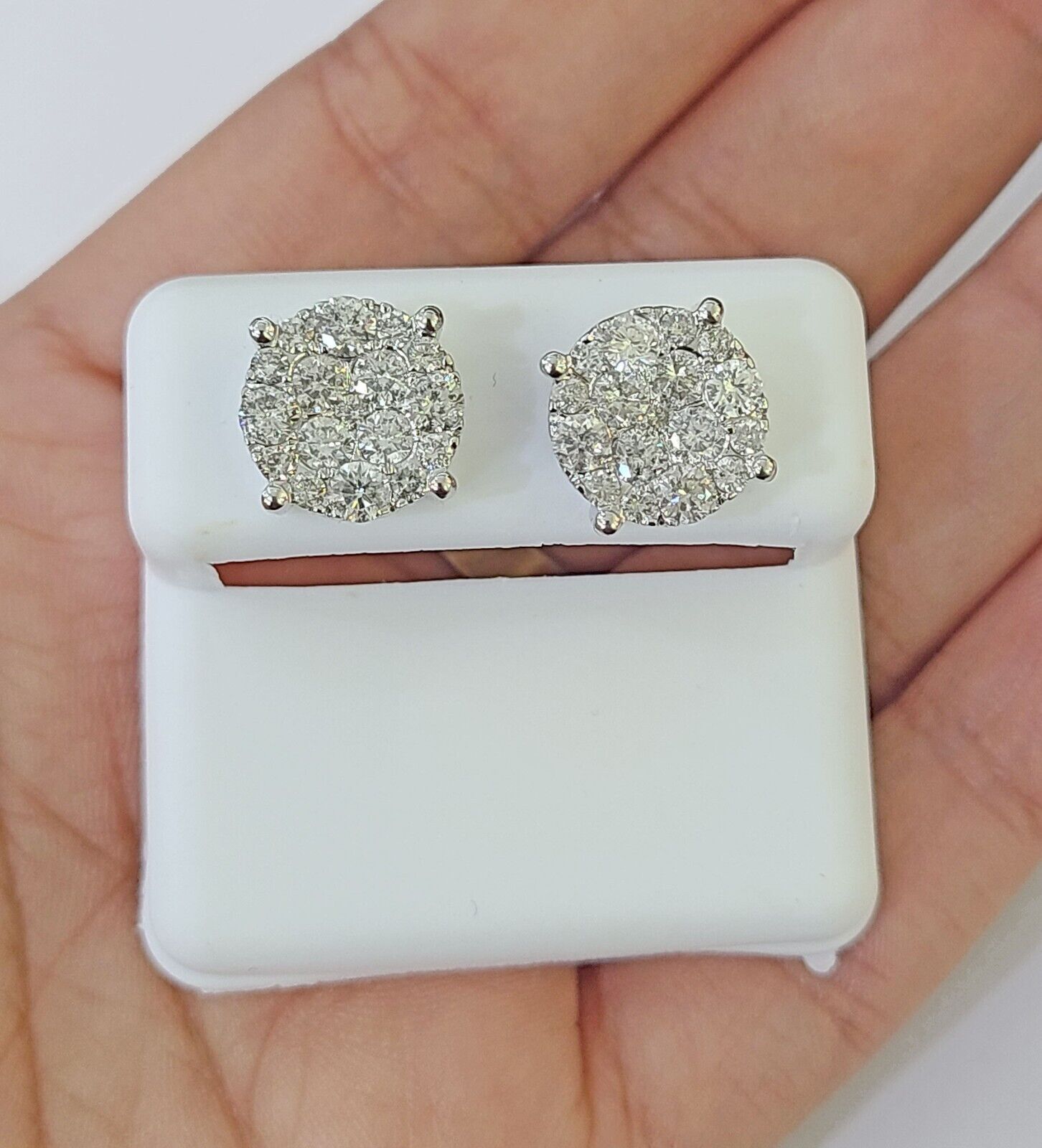 10k White gold Flower Earrings Real Diamond screw - back Women Men Studs - GoldenlinQ