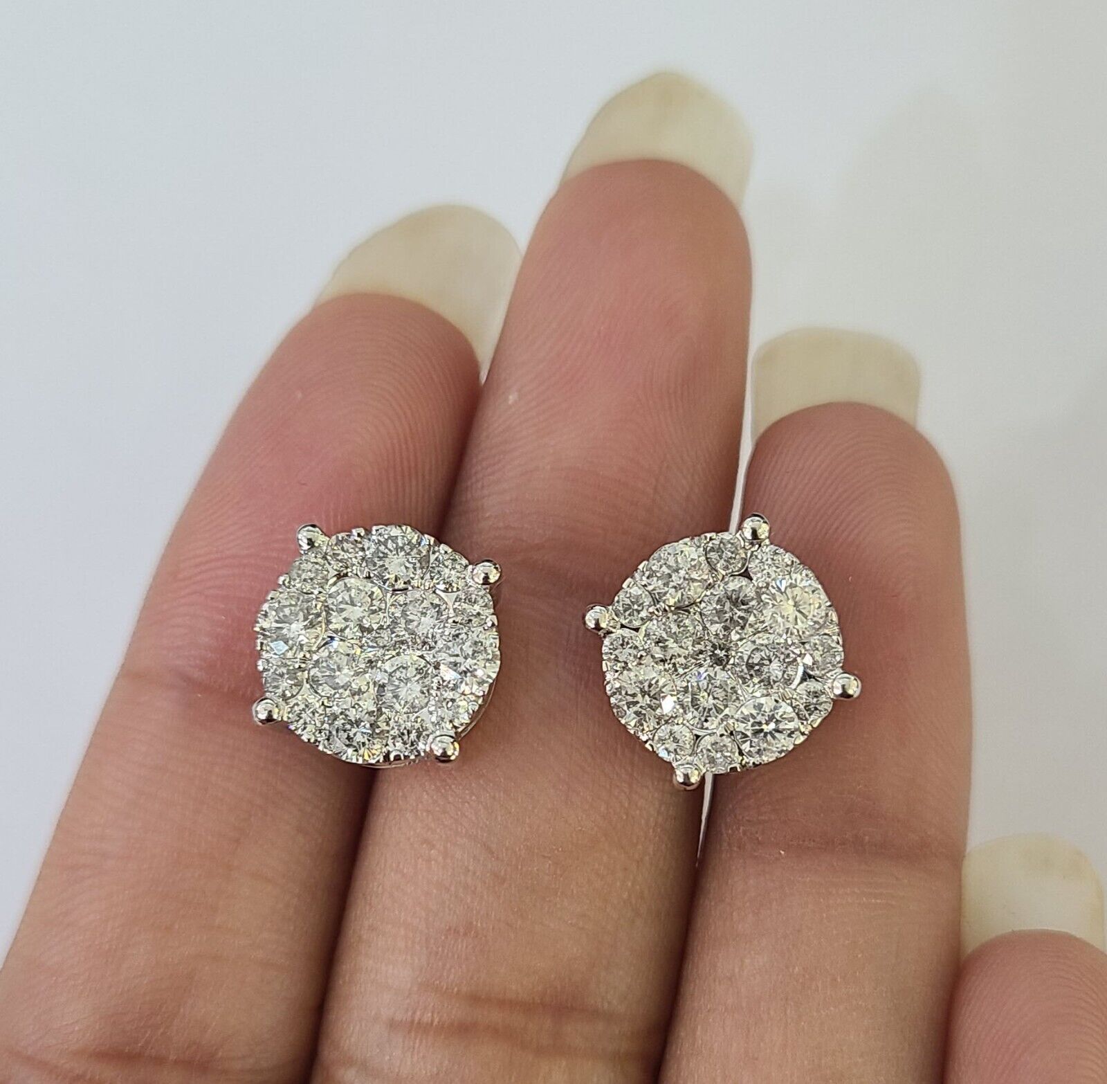 10k White gold Flower Earrings Real Diamond screw - back Women Men Studs - GoldenlinQ