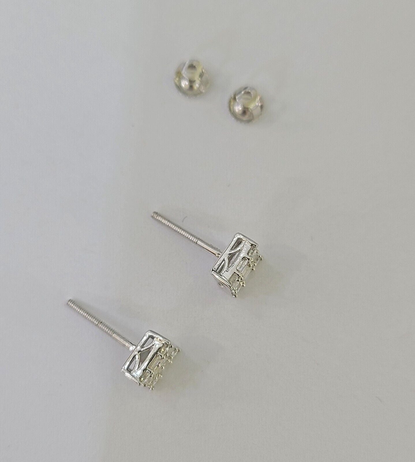 10k White gold Sqaure Earrings Real Diamond screw - back Women Men Studs - GoldenlinQ