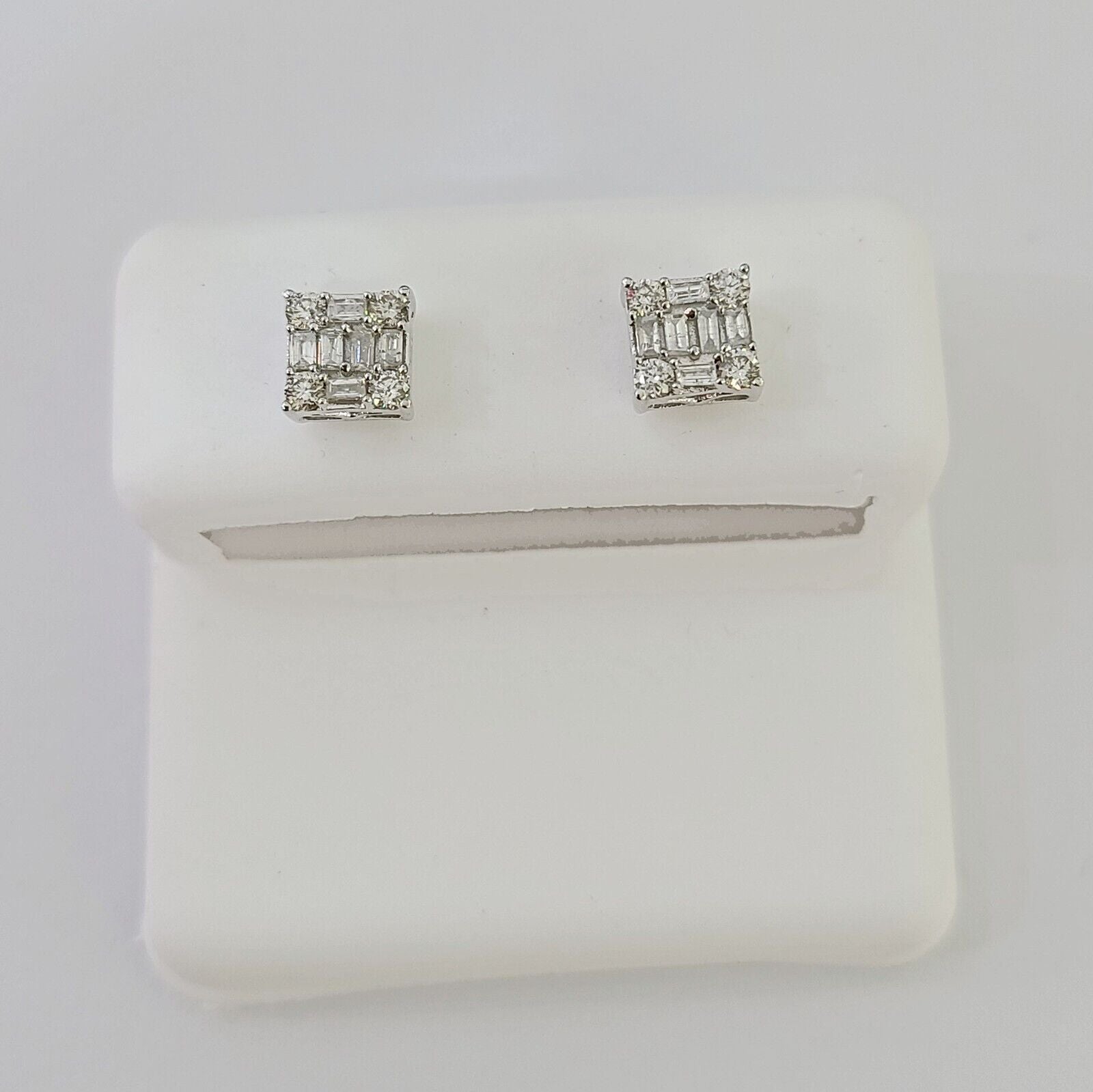 10k White gold Sqaure Earrings Real Diamond screw - back Women Men Studs - GoldenlinQ