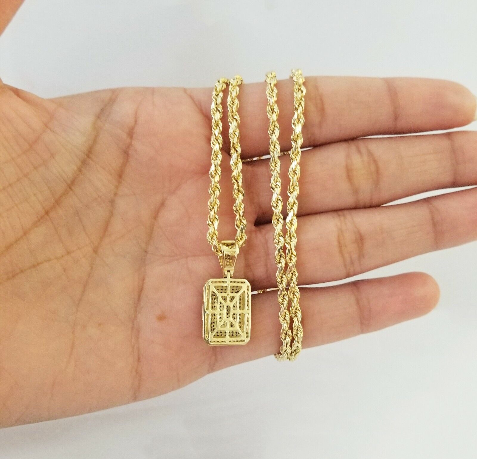 10K Yellow Gold 0.51CT Real Diamond Pillow Charm With 3mm 24" gold rope chain - GoldenlinQ