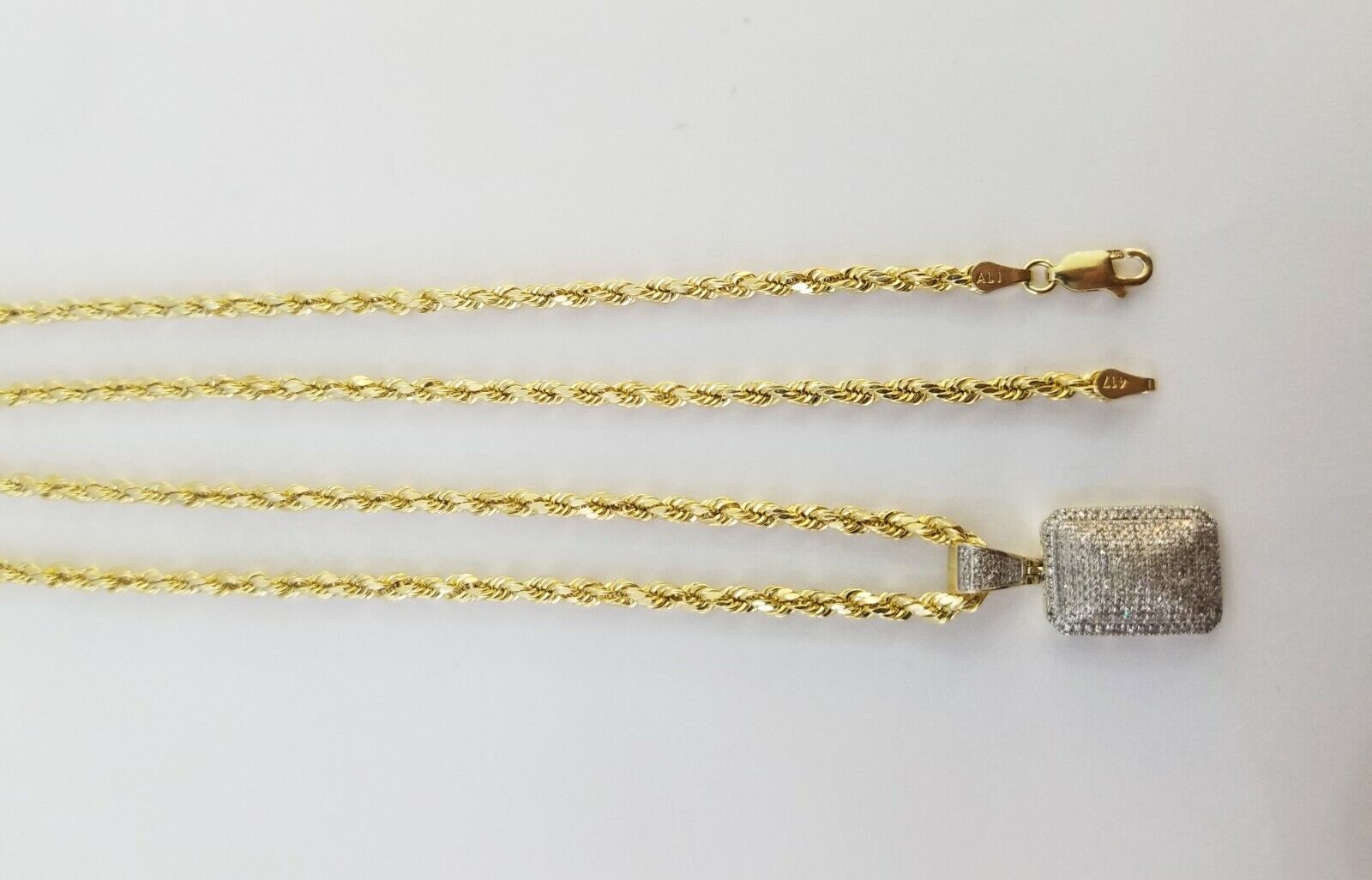 10K Yellow Gold 0.51CT Real Diamond Pillow Charm With 3mm 24" gold rope chain - GoldenlinQ