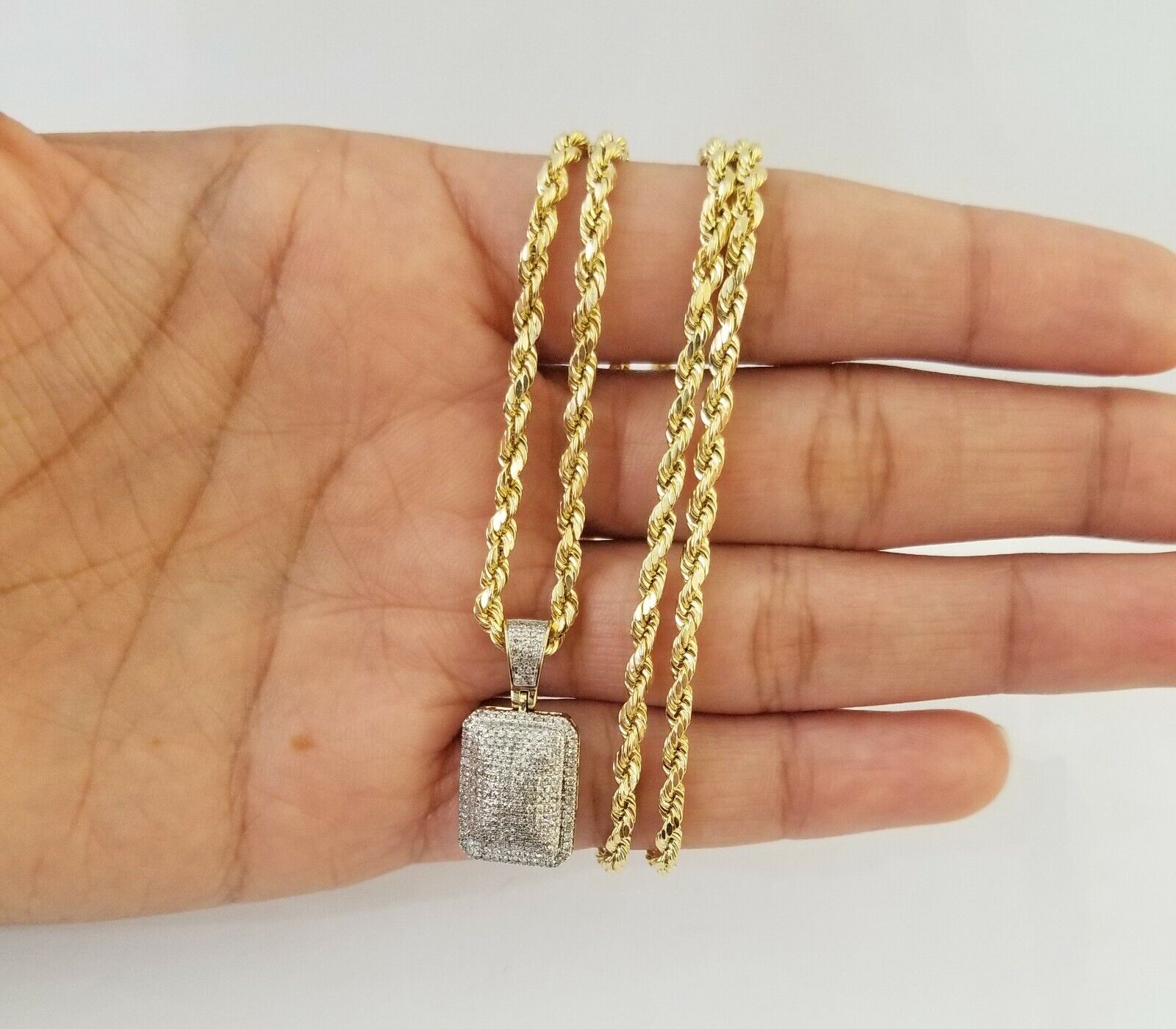 10K Yellow Gold 0.51CT Real Diamond Pillow Charm With 3mm 24" gold rope chain - GoldenlinQ