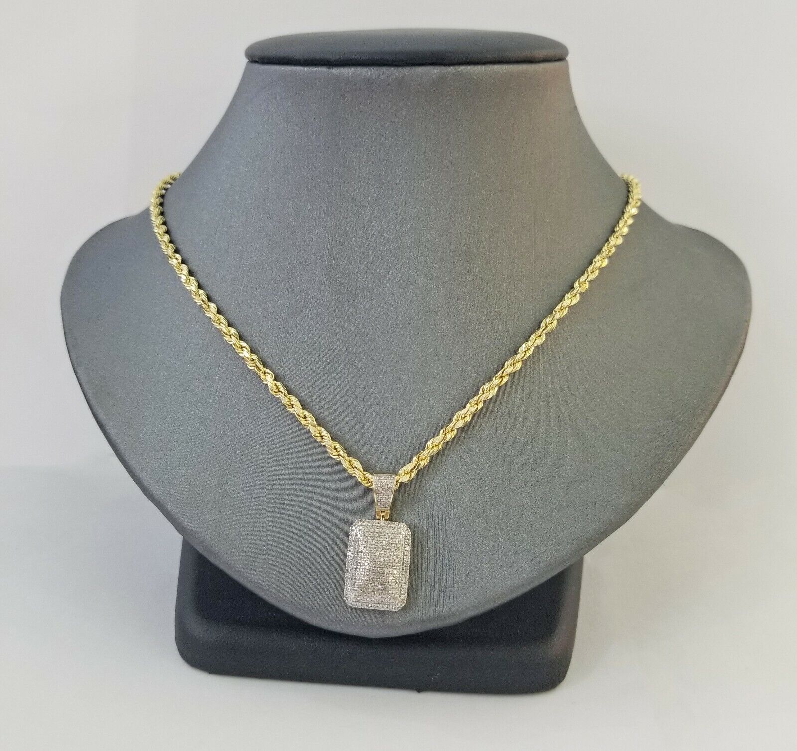 10K Yellow Gold 0.51CT Real Diamond Pillow Charm With 3mm 24" gold rope chain - GoldenlinQ