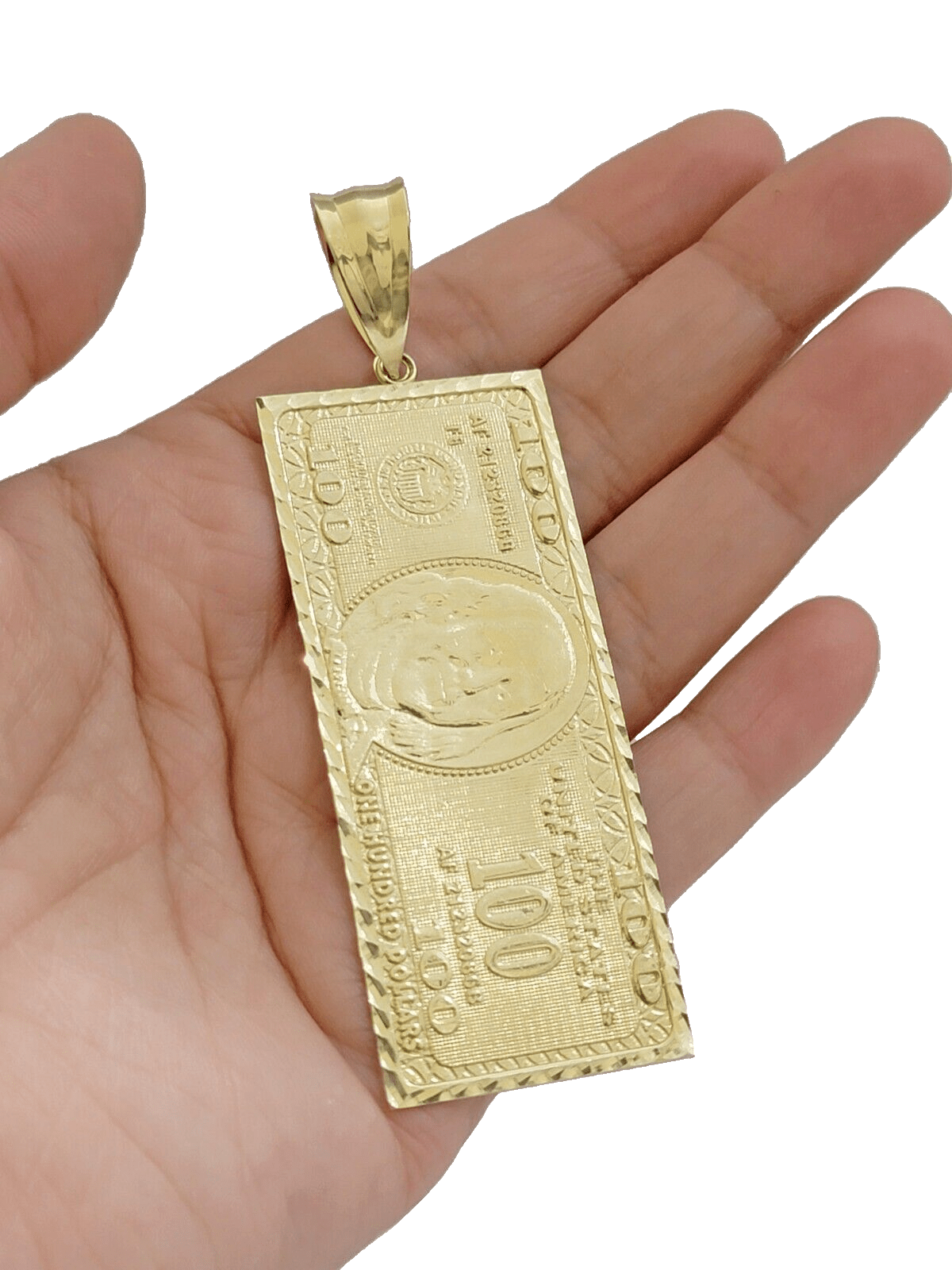10k Yellow Gold 100 Dollar Bill Charm Pendant 3.5 Inch Necklace Chain SALE Real - GoldenlinQ