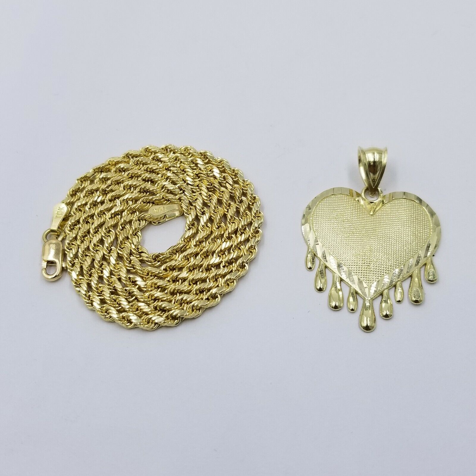 10k Yellow Gold 2.5mm Rope Chain Necklace Dripping Heart Diamond Cut Pendant - GoldenlinQ