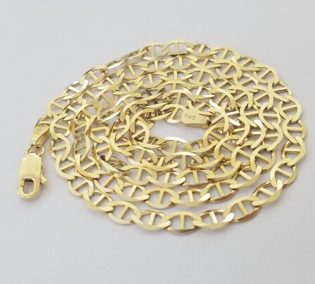 10K Yellow Gold 4mm Mariner Anchor LInk Chain Pendant Necklace 20" - 24" Inch - GoldenlinQ