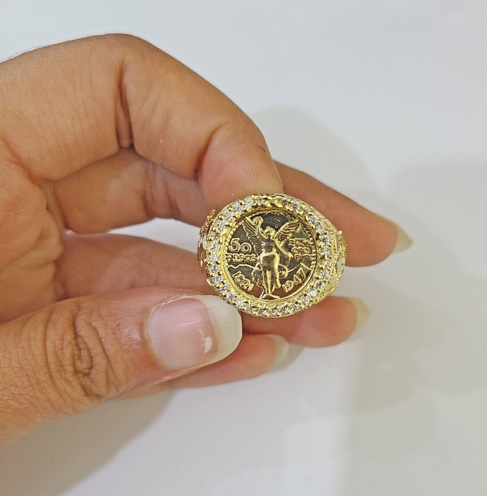 10k Yellow Gold 50 Pesos CZ Ring 1947 Mexico/Mexican Ring - GoldenlinQ