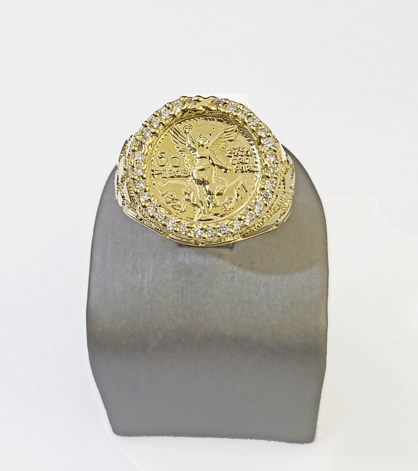 10k Yellow Gold 50 Pesos CZ Ring 1947 Mexico/Mexican Ring - GoldenlinQ