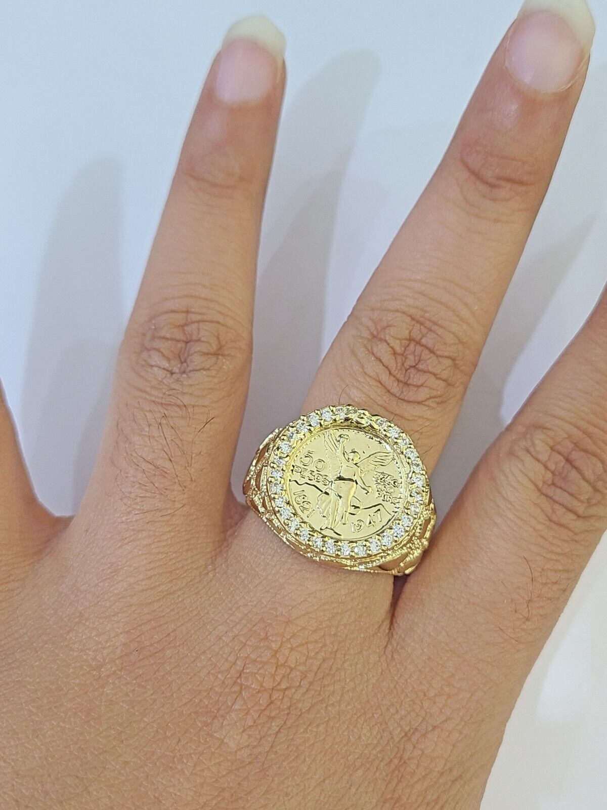 10k Yellow Gold 50 Pesos CZ Ring 1947 Mexico/Mexican Ring - GoldenlinQ