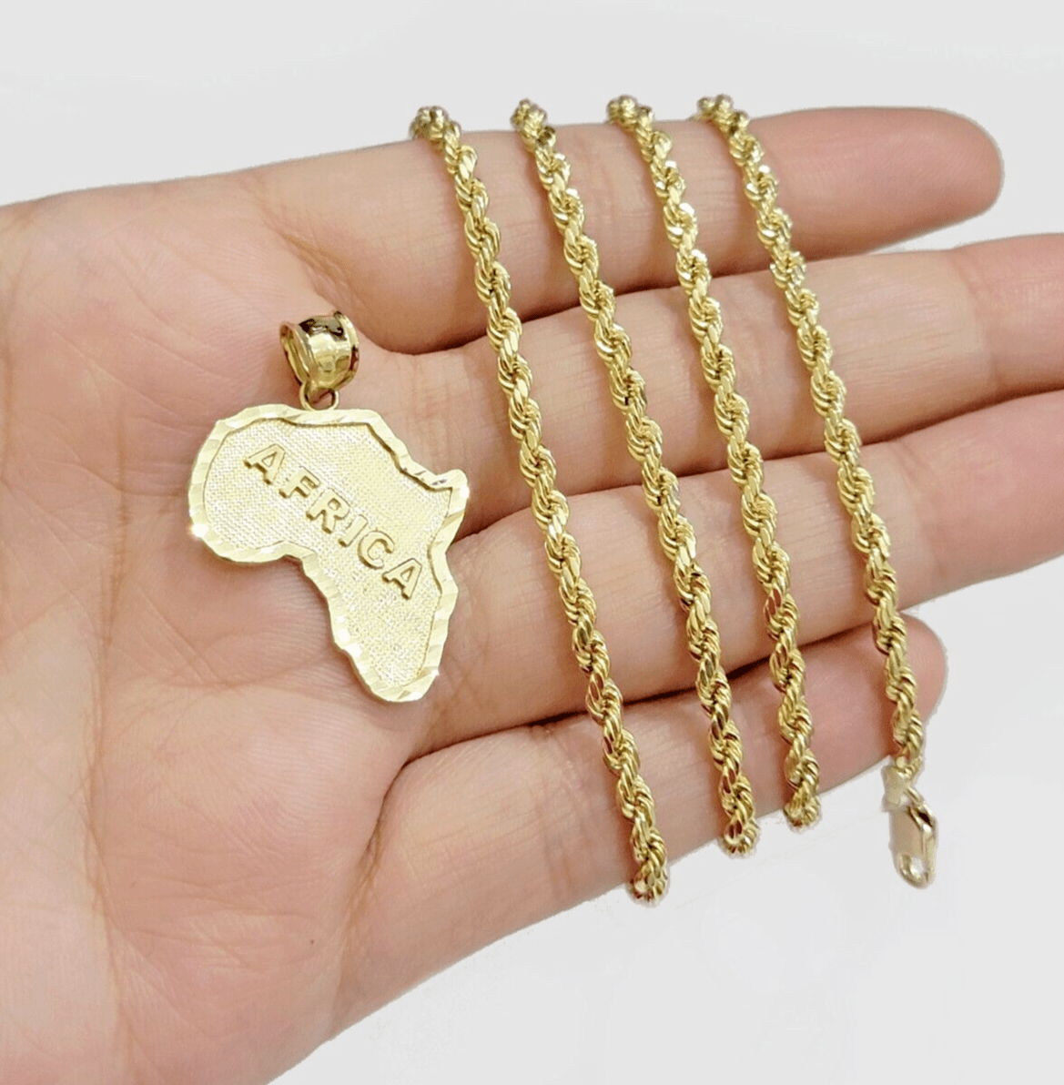 10k Yellow Gold Africa Map Charm Rope Chain 26 Inch Necklace Pendant SET SALE - GoldenlinQ
