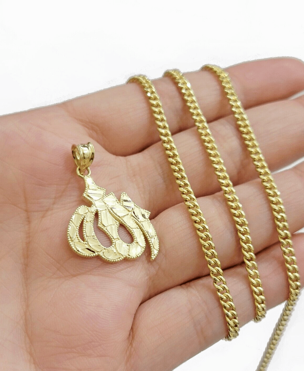 10k Yellow Gold Allah Charm Miami Cuban Chain 18 Inch Necklace 10kt Pendant Real - GoldenlinQ