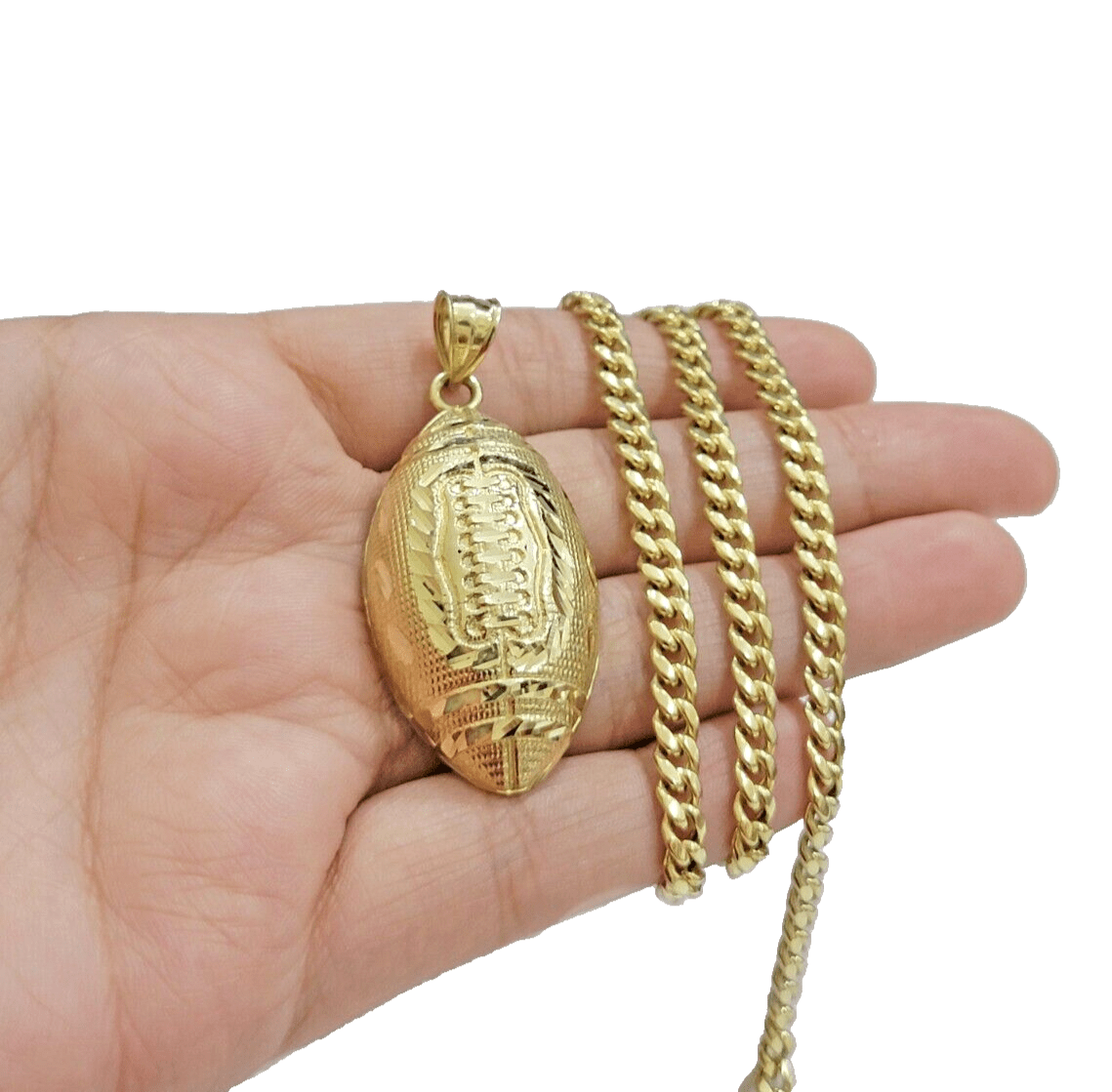 10k Yellow Gold American Football Charm Miami Cuban Chain 4mm 18 Inch Necklace - GoldenlinQ