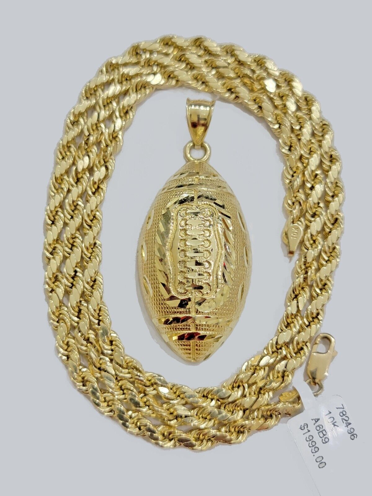 10k Yellow Gold American Football Charm Rope Chain 4mm 22 Inch Necklace Pendant - GoldenlinQ