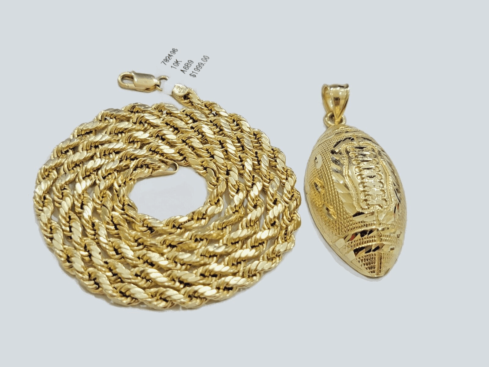 10k Yellow Gold American Football Charm Rope Chain 4mm 22 Inch Necklace Pendant - GoldenlinQ