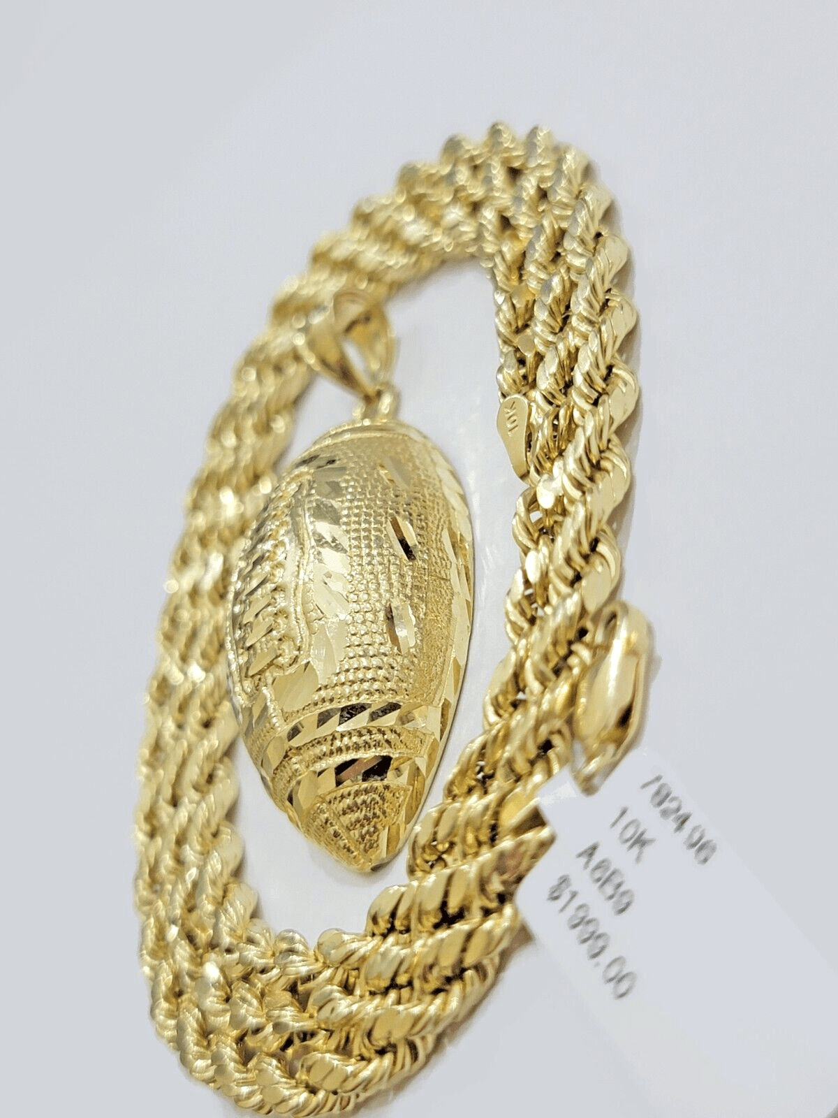 10k Yellow Gold American Football Charm Rope Chain 4mm 22 Inch Necklace Pendant - GoldenlinQ