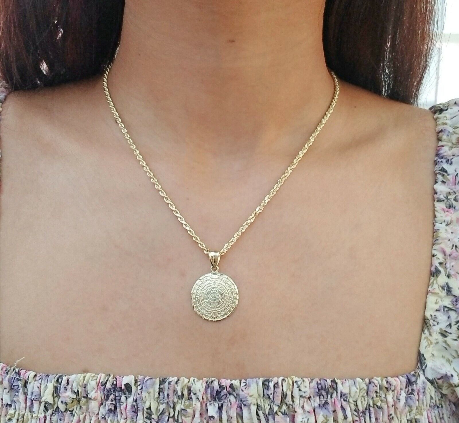 10k Yellow Gold Aztec Calendar charm 3mm rope chain Real Gold set - GoldenlinQ