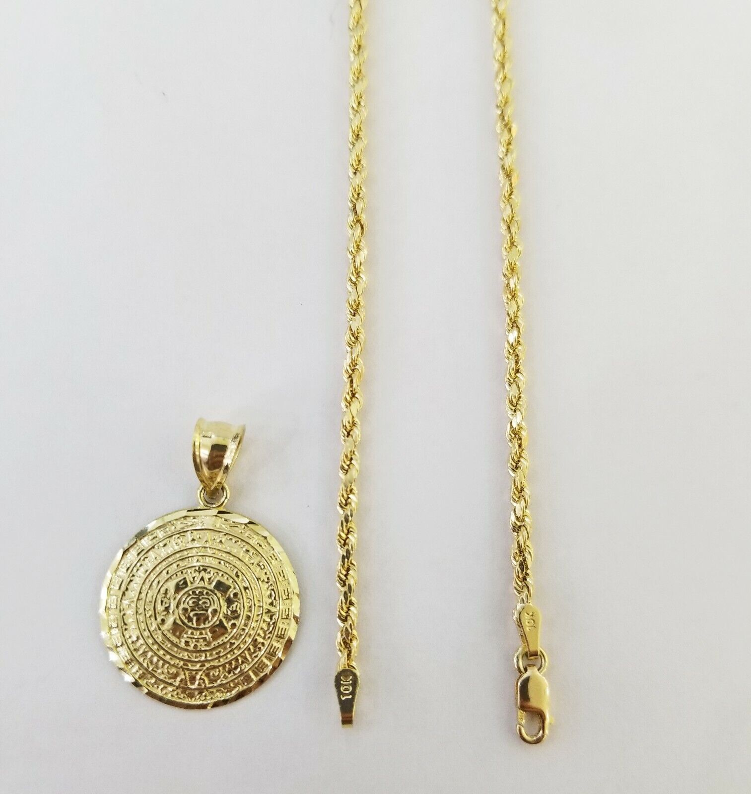 10k Yellow Gold Aztec Calendar charm 3mm rope chain Real Gold set - GoldenlinQ