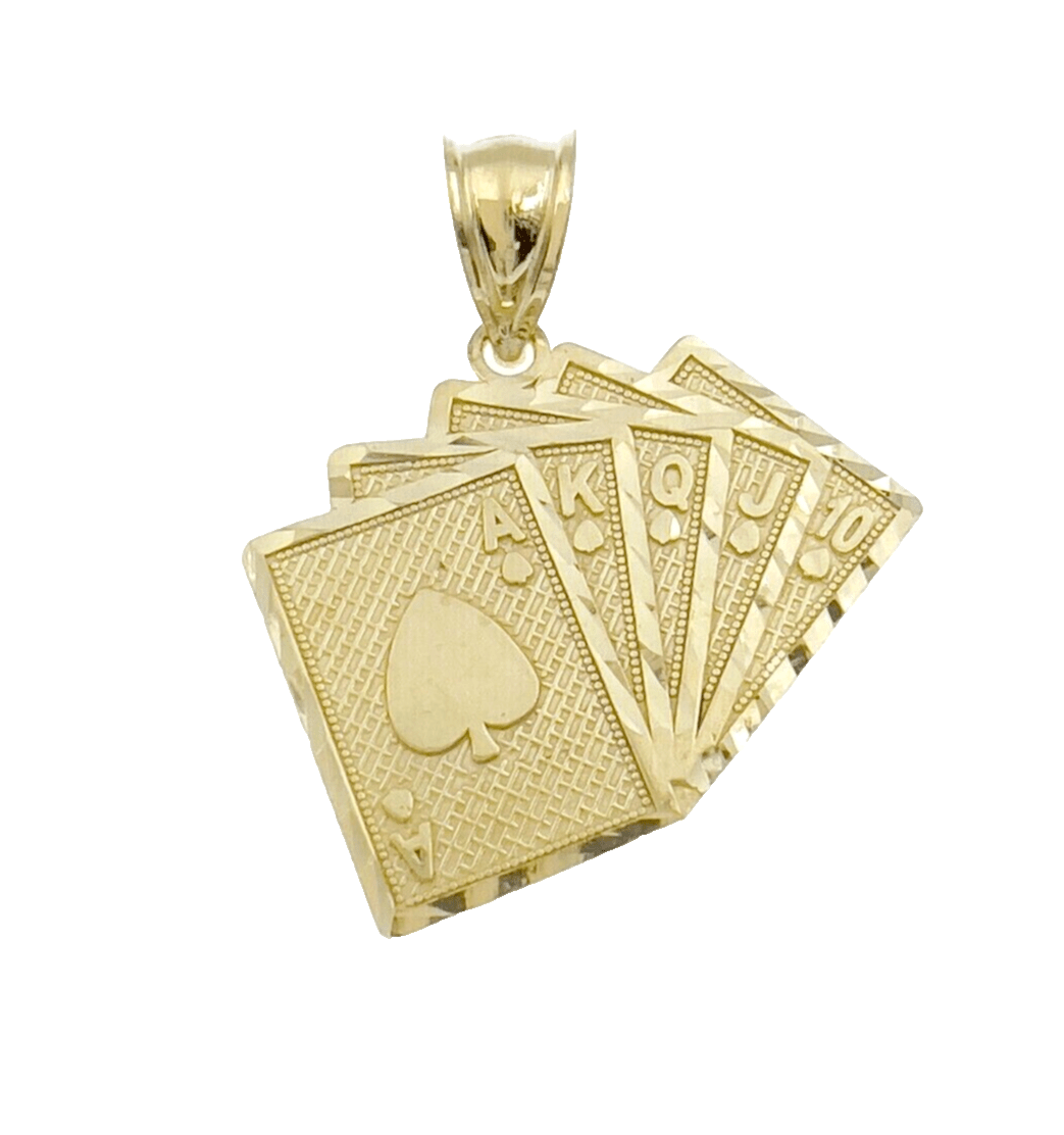10k Yellow Gold Card Charm Royal Flush Pendant 1'' Necklace Chain SALE 10kt Real - GoldenlinQ