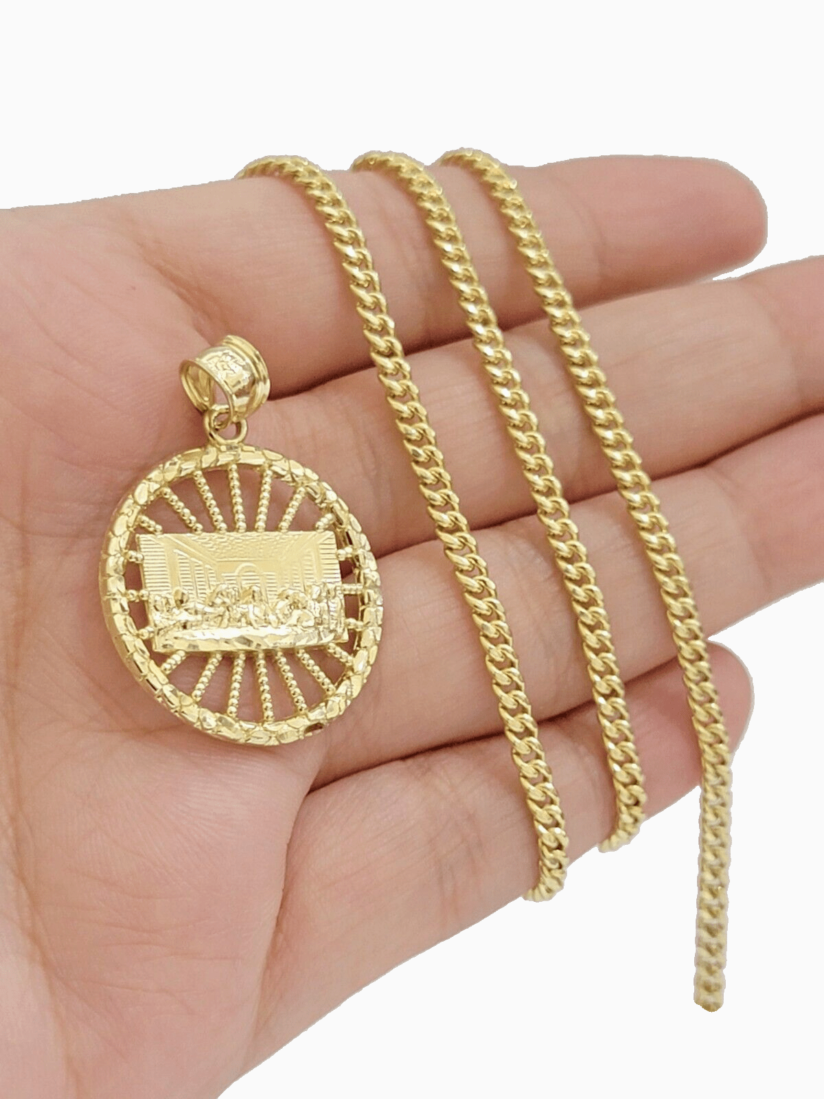 10k Yellow Gold chain Charm Pendant set Miami Cuban 4mm 26 Inch & Last supper - GoldenlinQ