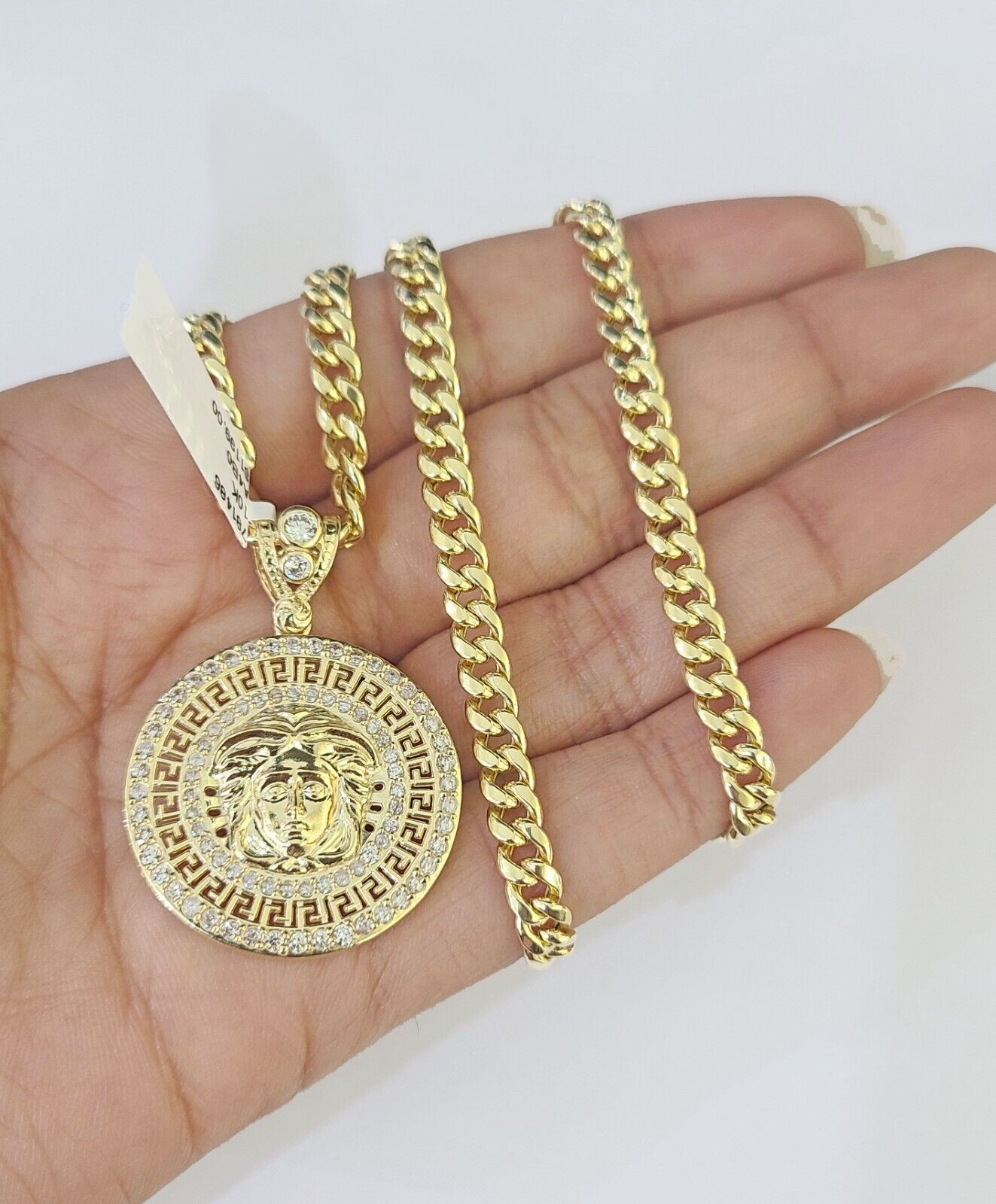 10k Yellow Gold Chain Head Charm Pendant Set 5mm Miami Cuban Link Necklace Real - GoldenlinQ