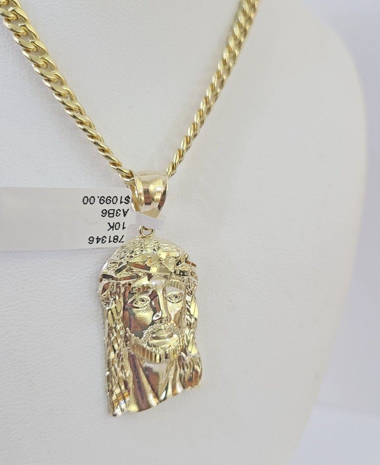 10k Yellow Gold Chain Jesus Head Charm Pendant Set 5mm Miami Cuban Link Necklace - GoldenlinQ