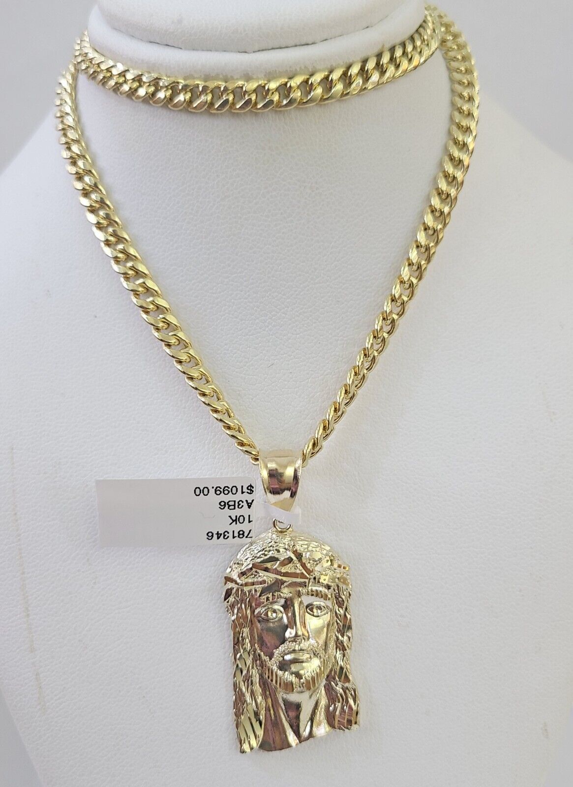 10k Yellow Gold Chain Jesus Head Charm Pendant Set 5mm Miami Cuban Link Necklace - GoldenlinQ