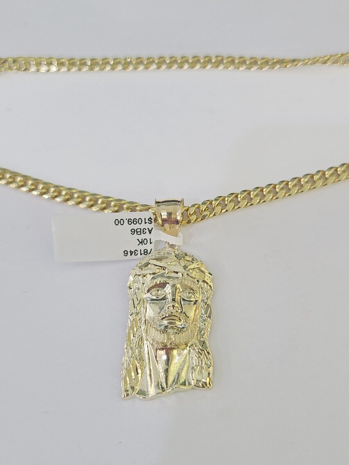 10k Yellow Gold Chain Jesus Head Charm Pendant Set 5mm Miami Cuban Link Necklace - GoldenlinQ