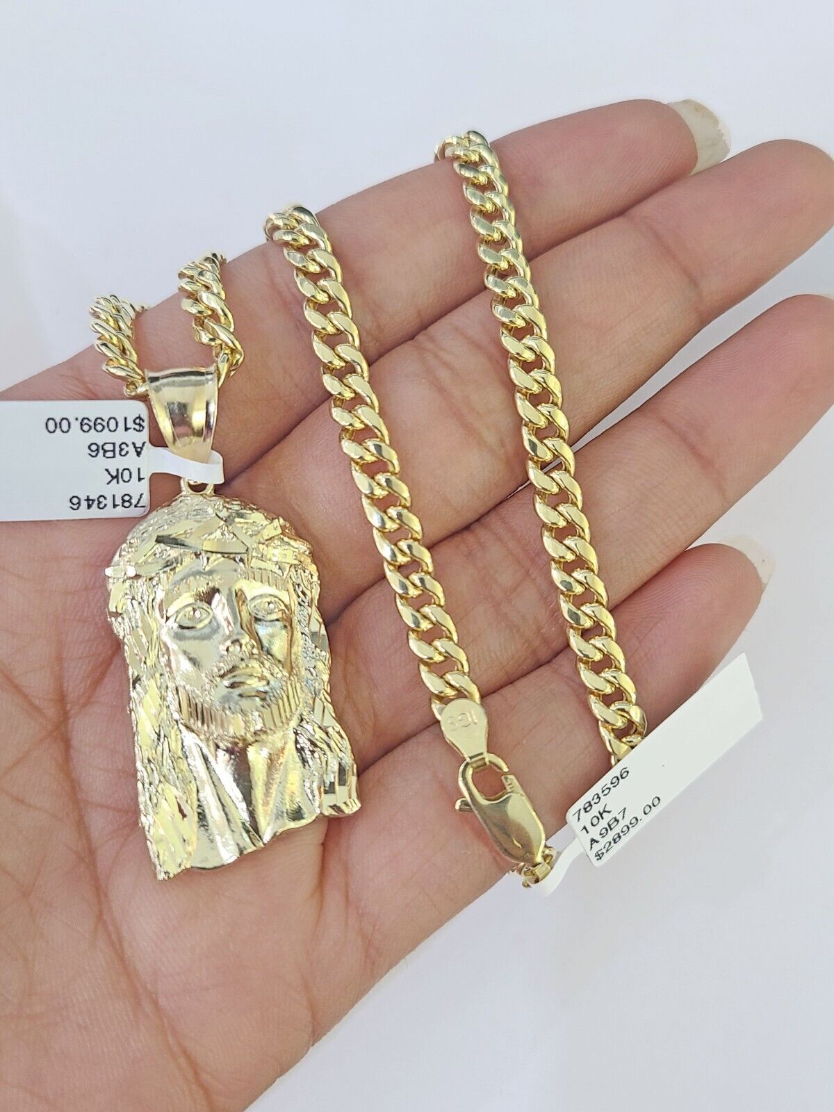 10k Yellow Gold Chain Jesus Head Charm Pendant Set 5mm Miami Cuban Link Necklace - GoldenlinQ