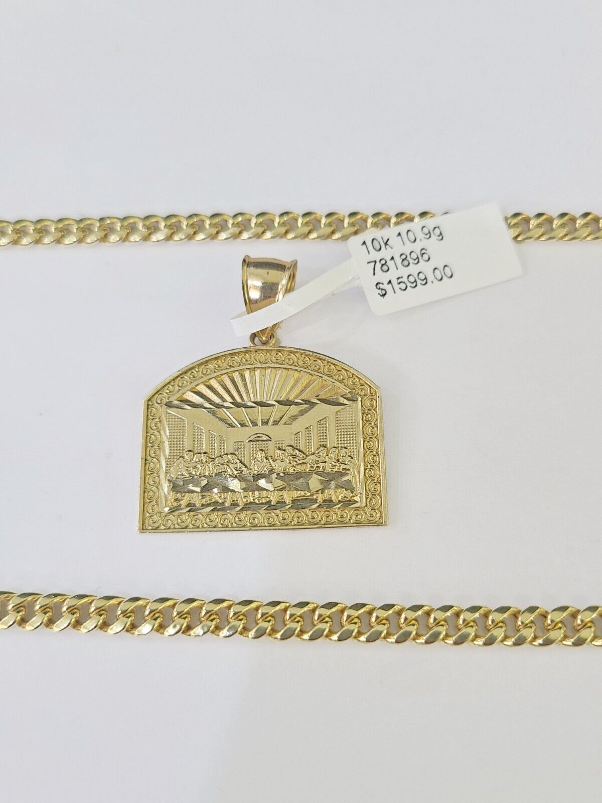 10k Yellow Gold Chain Last Supper Charm Pendant Set 5mm Miami Cuban Necklace - GoldenlinQ