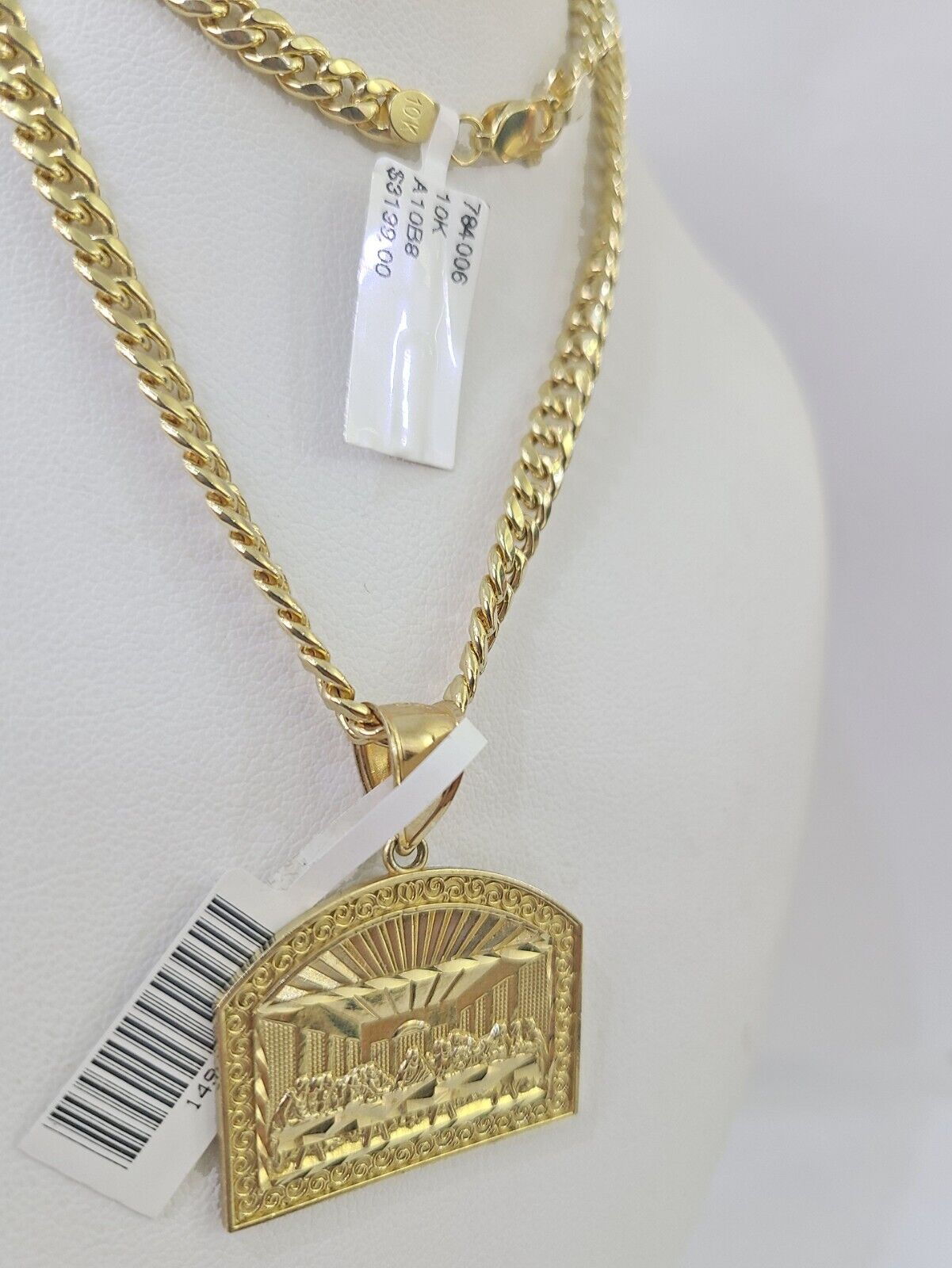 10k Yellow Gold Chain Last Supper Charm Pendant Set 5mm Miami Cuban Necklace - GoldenlinQ