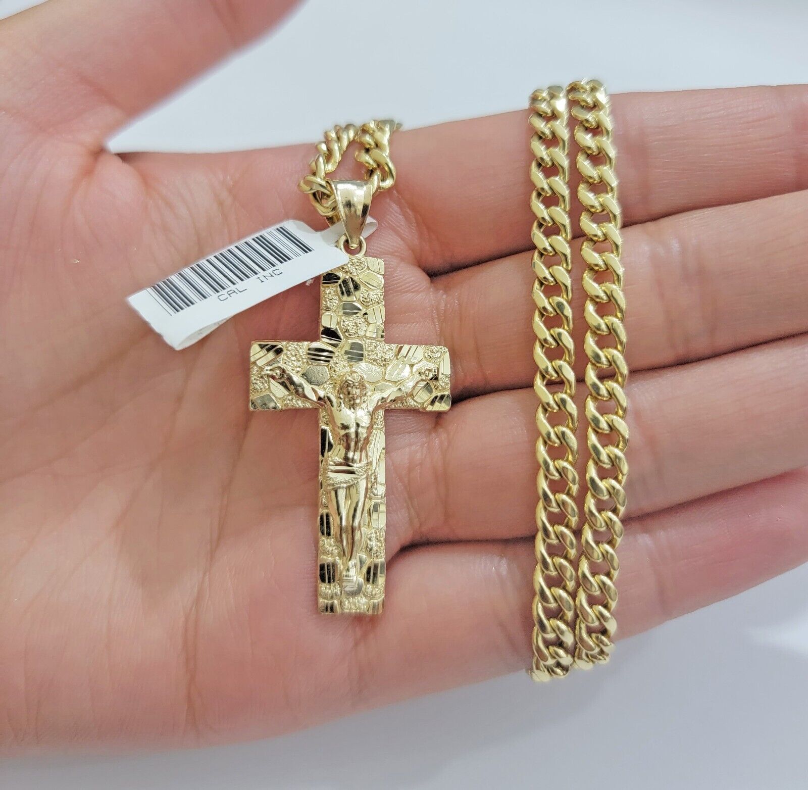 10k Yellow Gold Chain Nugget Pendant Set Miami Cuban link Necklace 5mm 18" - 28" - GoldenLinQ