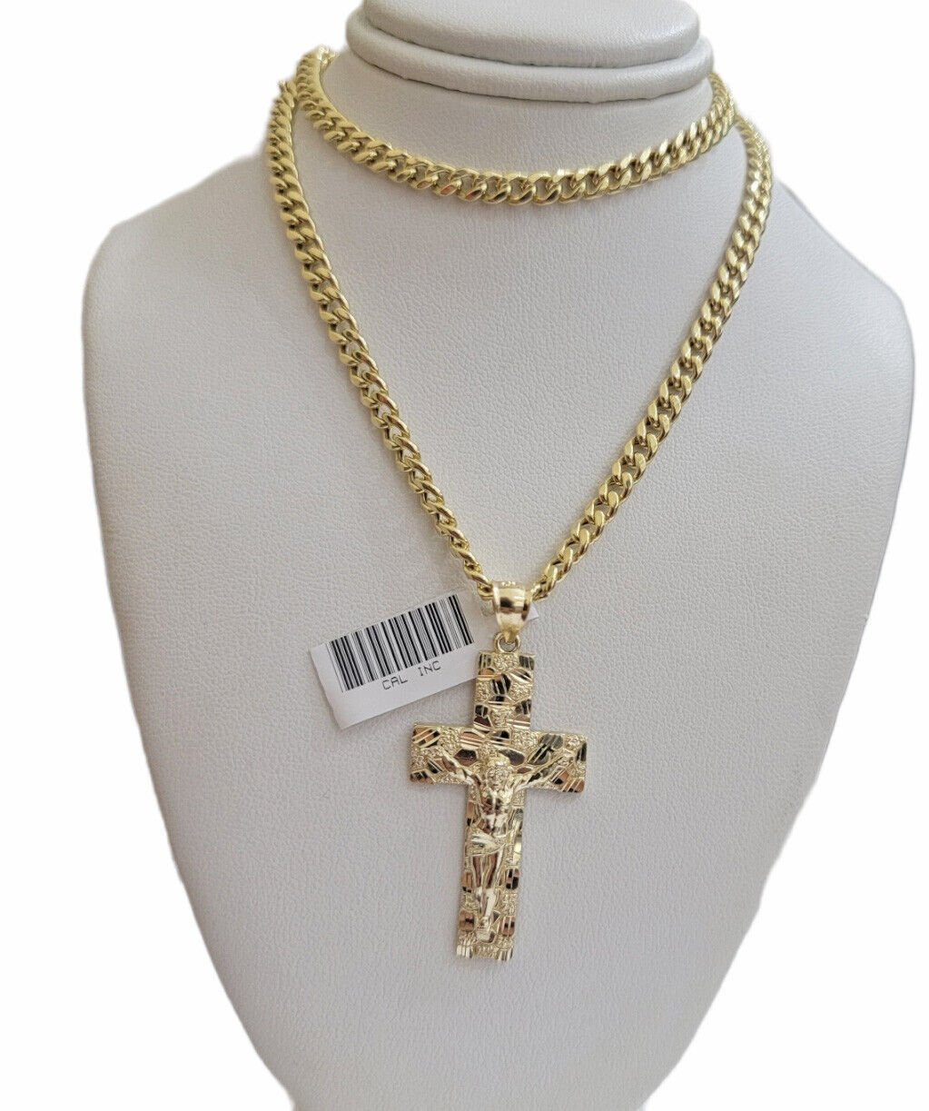 10k Yellow Gold Chain Nugget Pendant Set Miami Cuban link Necklace 5mm 18" - 28" - GoldenLinQ