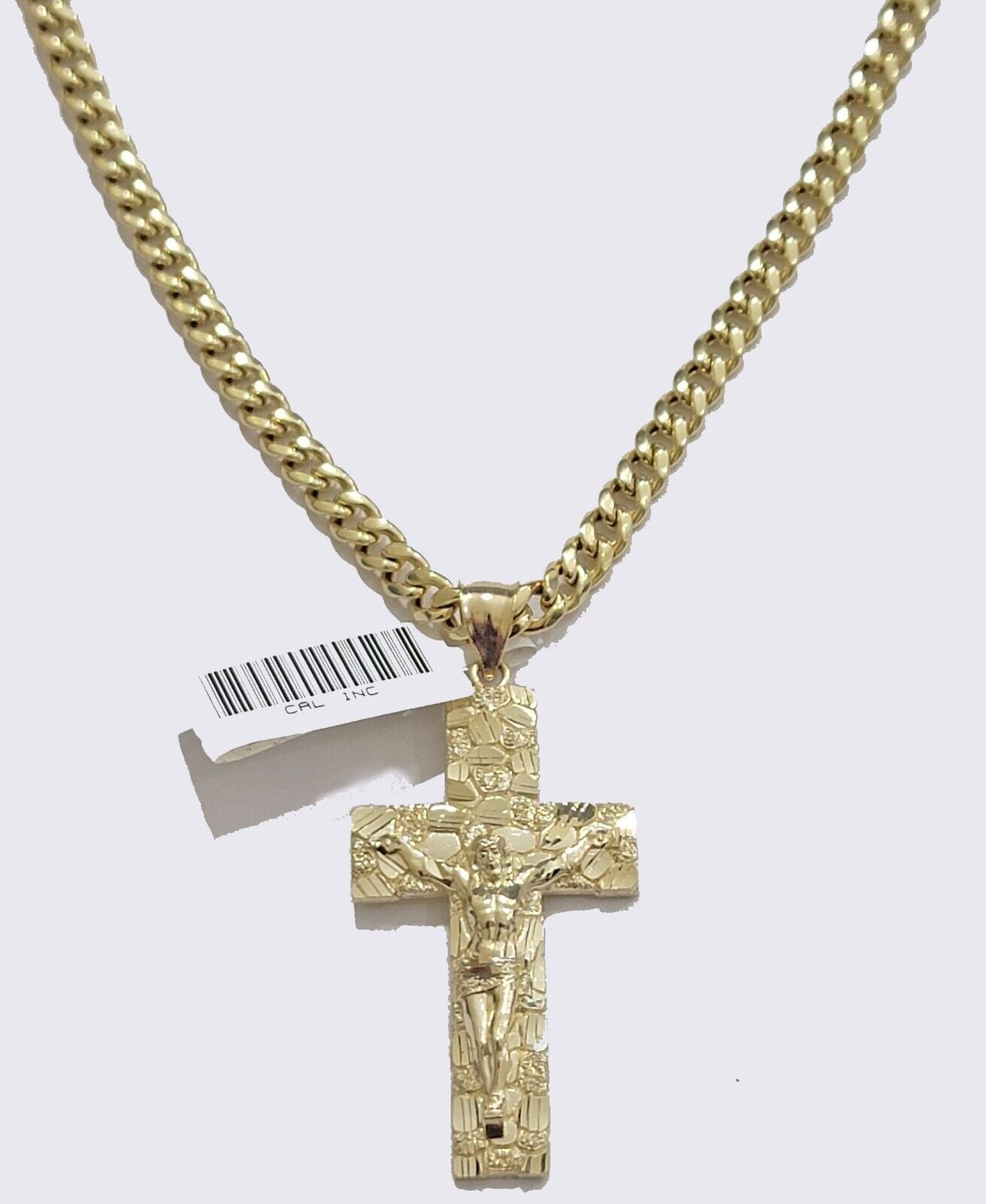 10k Yellow Gold Chain Nugget Pendant Set Miami Cuban link Necklace 5mm 18" - 28" - GoldenLinQ