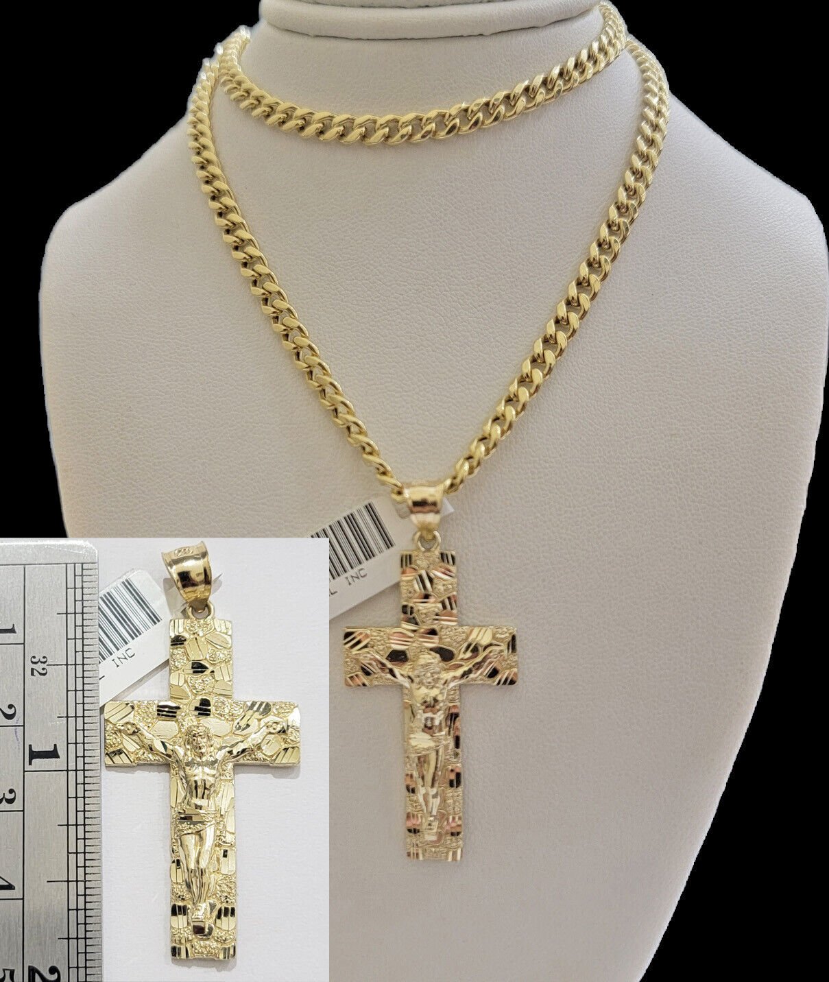 10k Yellow Gold Chain Nugget Pendant Set Miami Cuban link Necklace 5mm 18" - 28" - GoldenLinQ
